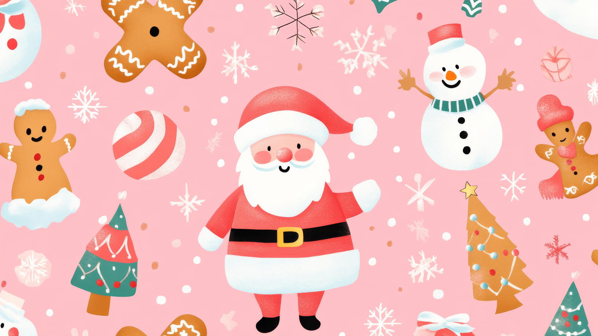 Christmas-themed pink preppy wallpaper with Santa, gingerbread cookies, snowmen, and trees