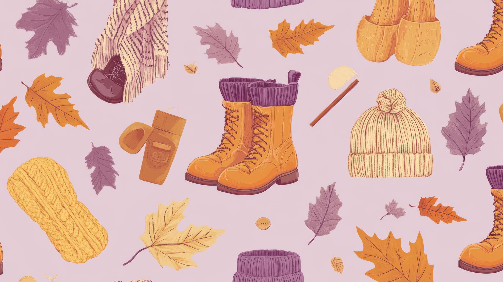 Preppy fall wallpaper with cozy accessories on pastel purple