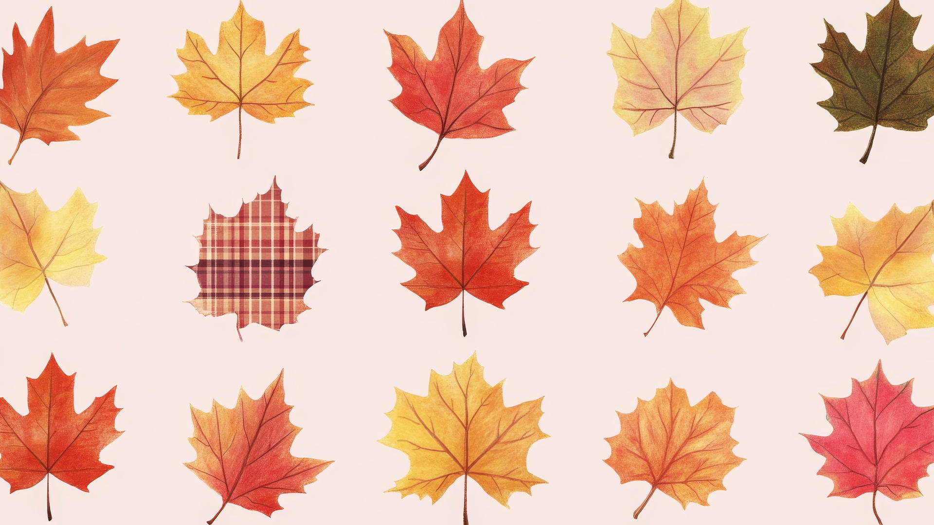 preppy fall wallpaper with colorful leaves, plaid accents on light pink