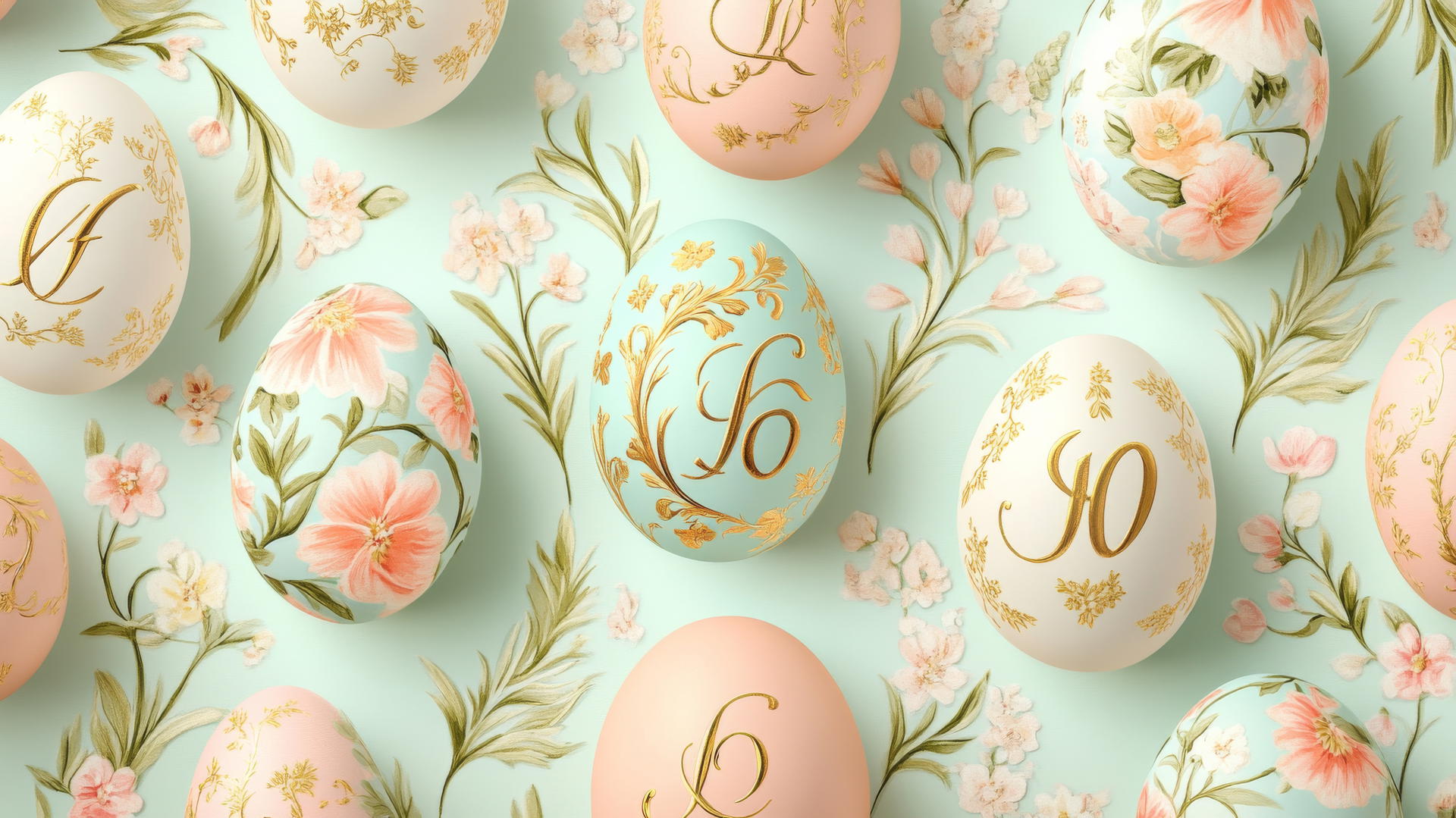 preppy Easter wallpaper with monogrammed Easter eggs and gold initials on pastel backgrounds
