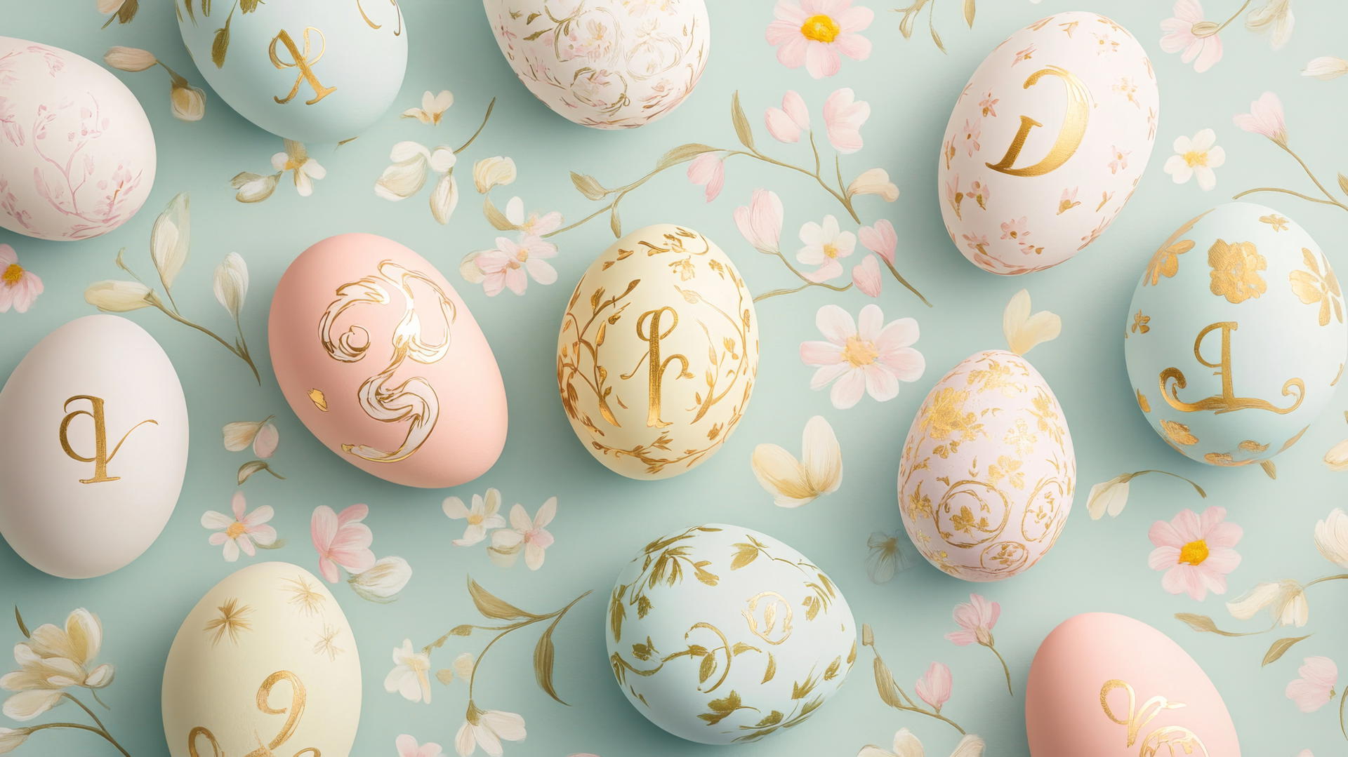 Preppy Easter wallpaper with monogrammed eggs and floral motifs