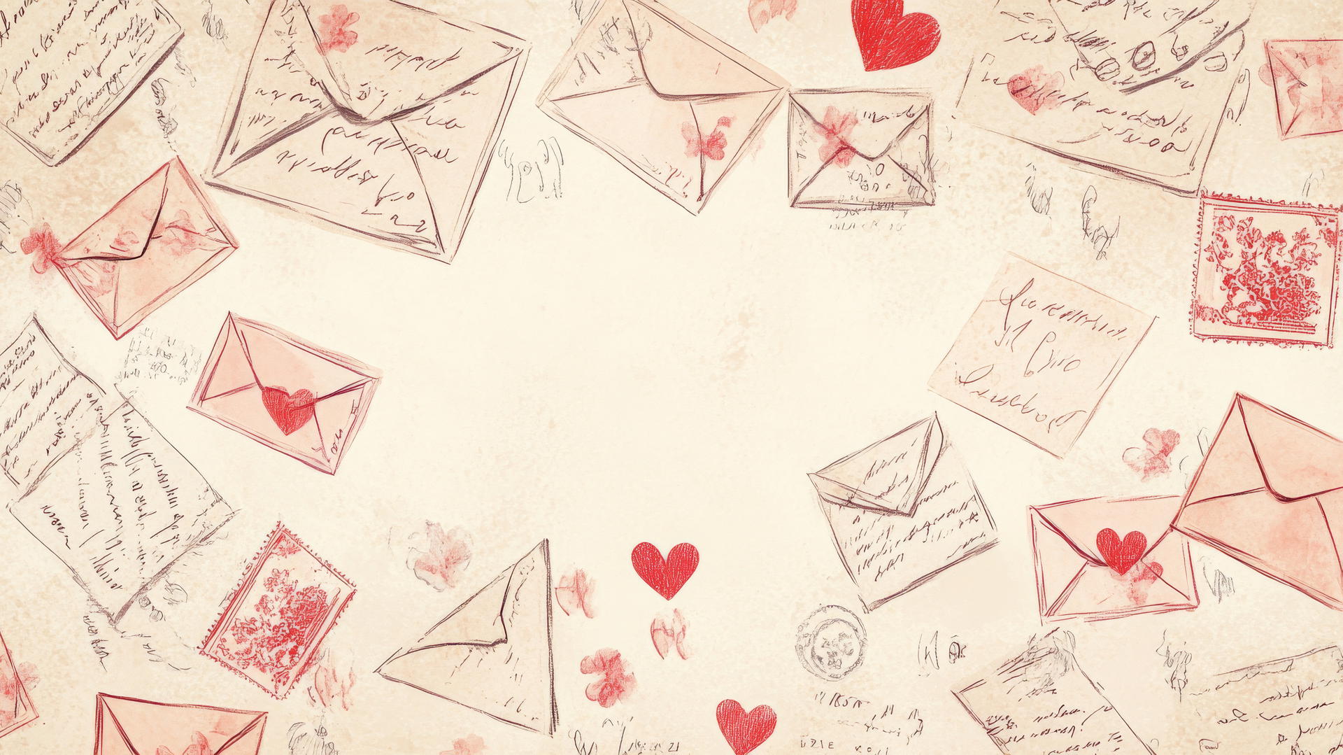 preppy valentines wallpaper with hand-drawn envelopes, love letters, and hearts on cream background