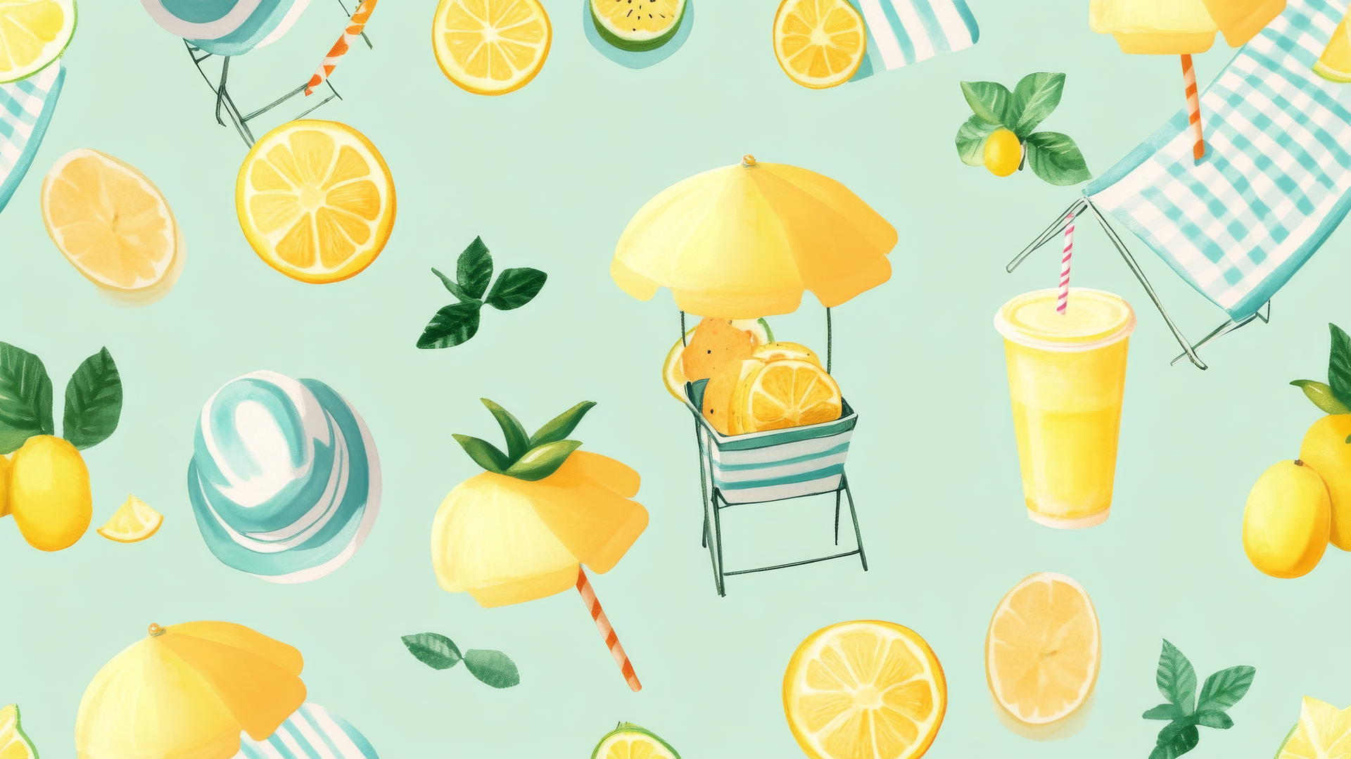 preppy beach wallpaper with lemonade stands, fruit, beach hats, chairs, and umbrellas