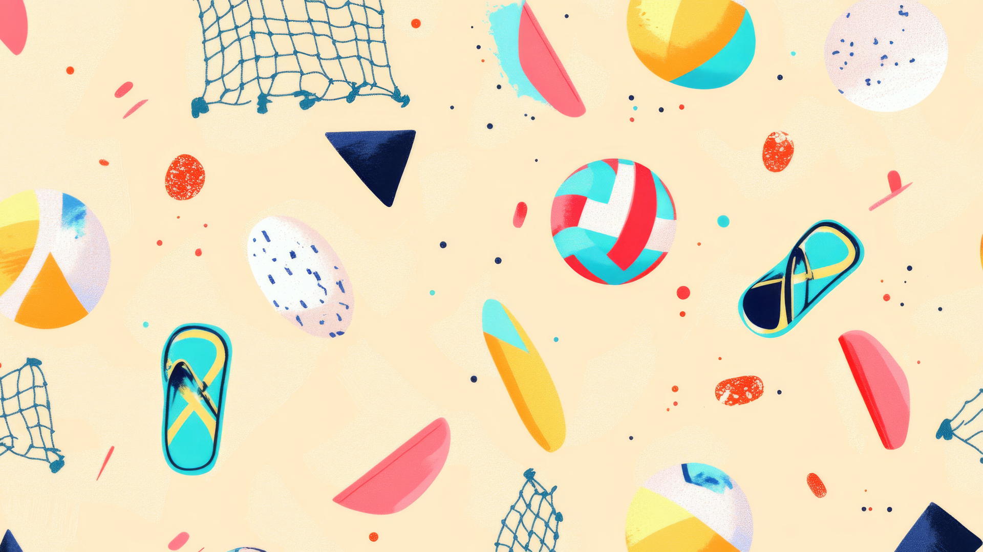 Colorful beach volleyballs, nets, and flip-flops on a light peach background—a preppy beach wallpaper.