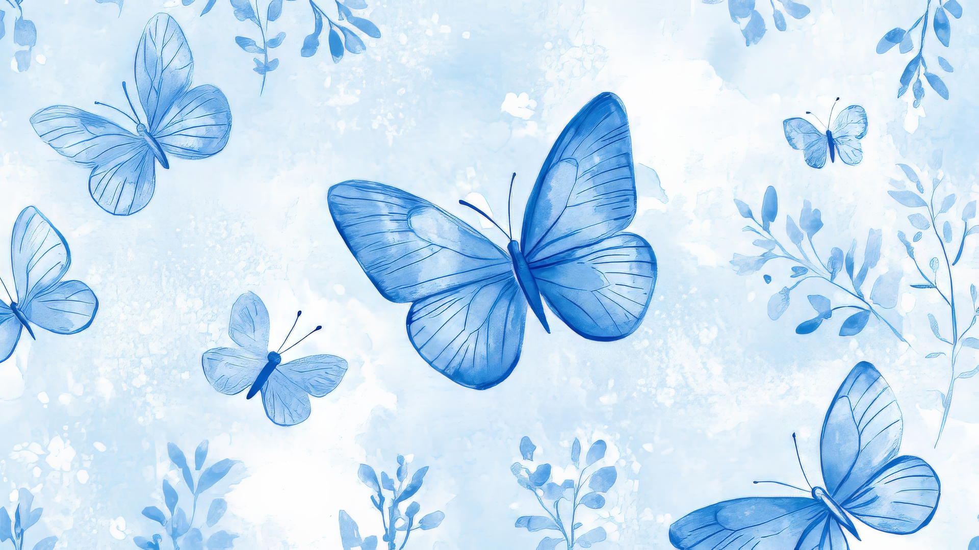 preppy blue wallpaper with blue butterflies and pastel floral elements