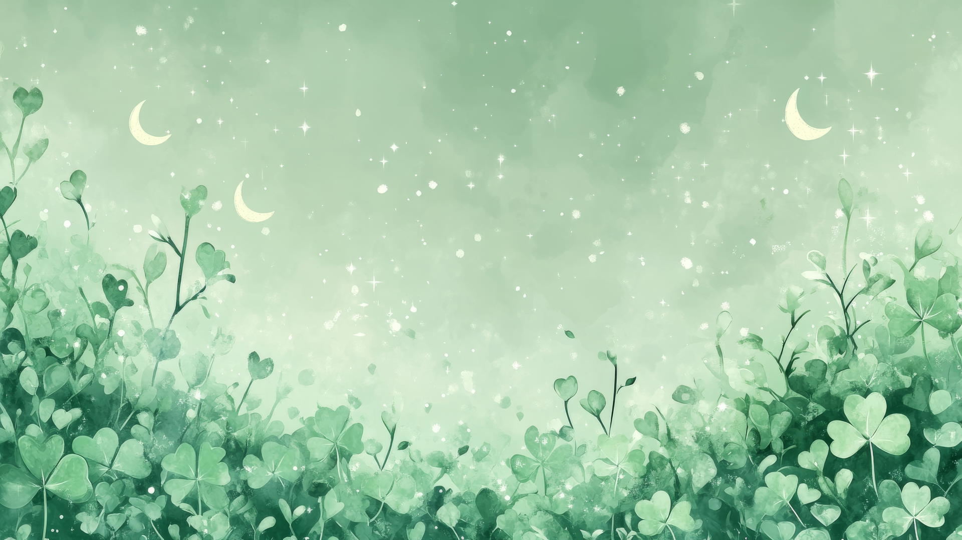 cute green wallpaper with tiny pastel stars and moons over clover leaves