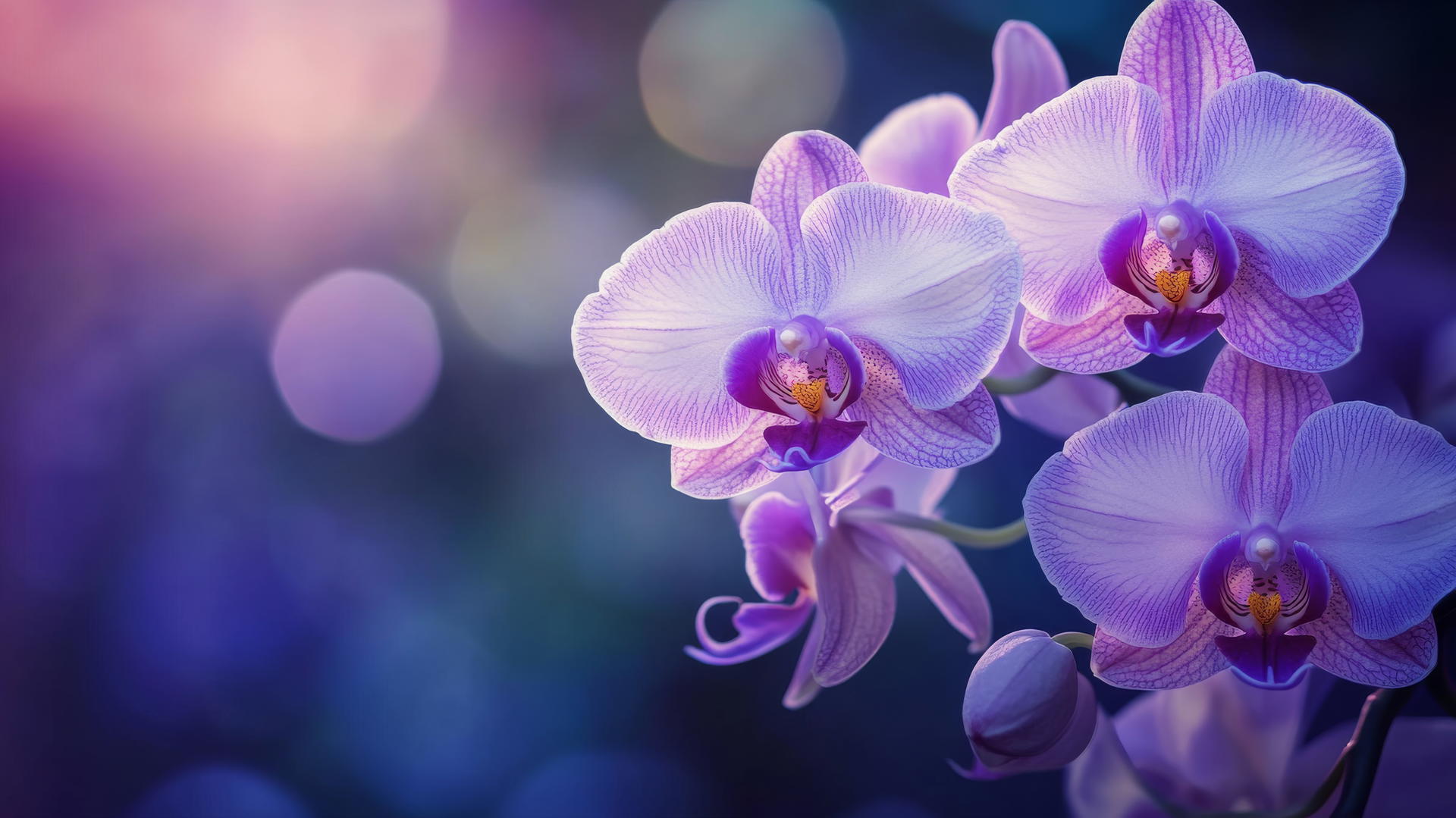 close-up of purple and white orchids with soft lighting and dark blurred background, flower nature wallpaper