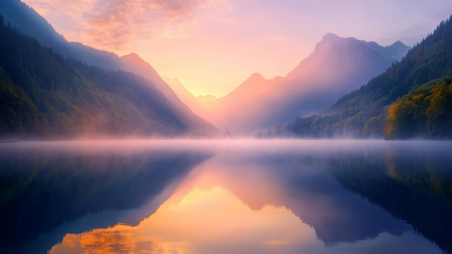 nature aesthetic wallpaper of tranquil lake with misty mountains at sunset
