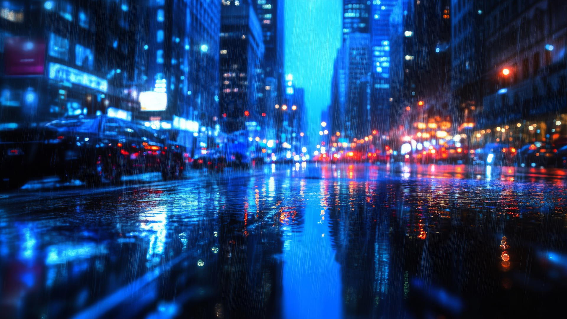 wallpaper blue rainy city street with lights and building reflections