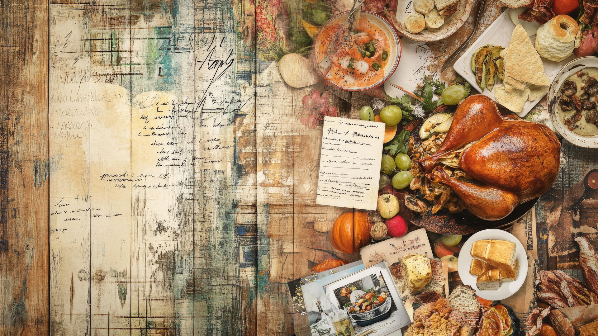 happy thanksgiving wallpaper with Thanksgiving dishes, recipe cards, and family photos