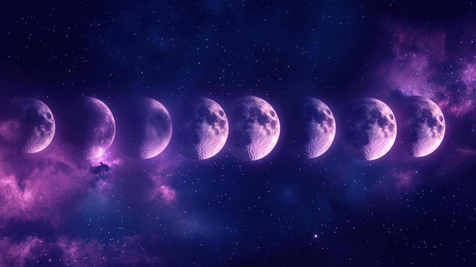 Aesthetic purple wallpaper with phases of the moon glowing in a starry night sky
