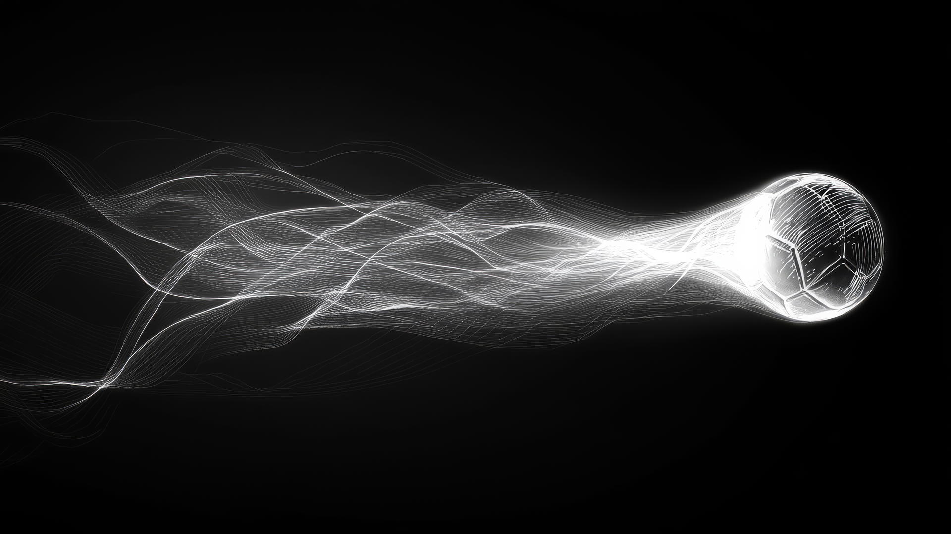 Glowing outline of a football with light trails on a black and white background.