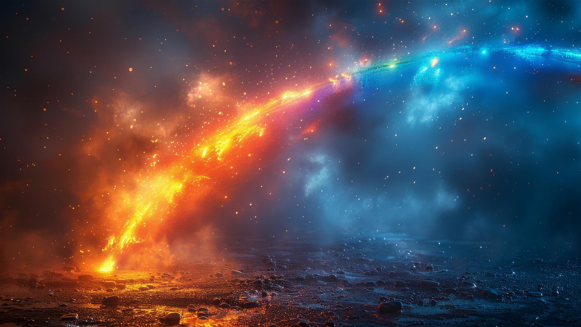 Realistic blue rainbow spanning edge to edge on a black background, full of energy.