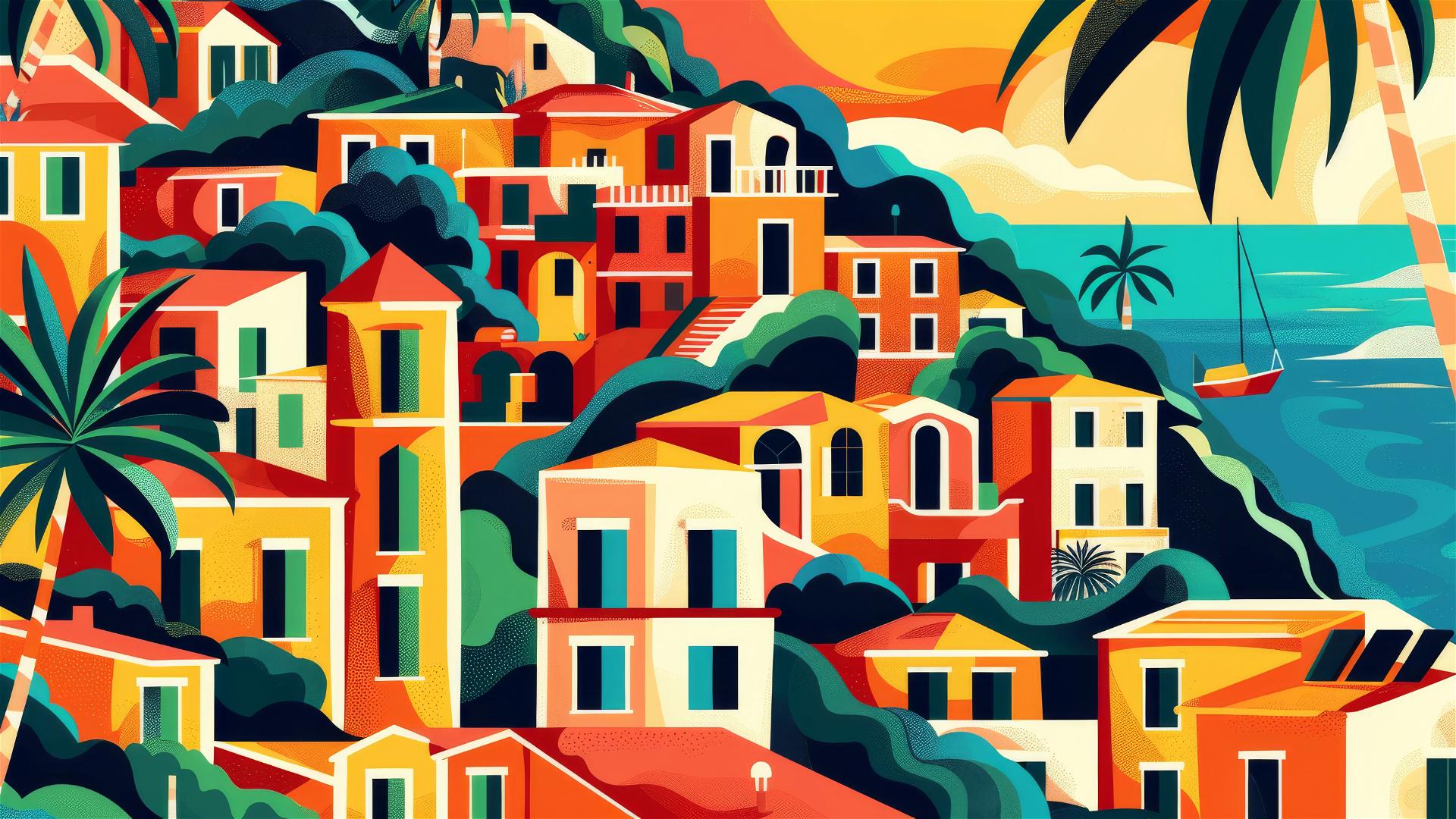 Italian Riviera illustration with bold outlines and vibrant colors.