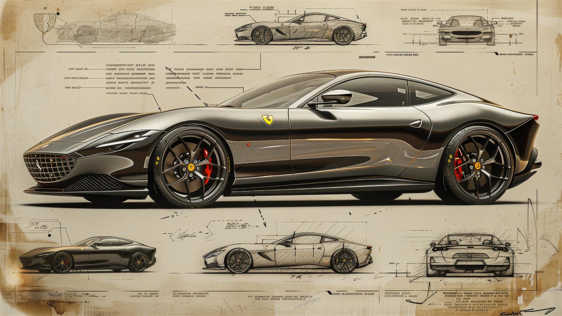Black and white Ferrari Roma blueprint and sketch, 3/4 front view.