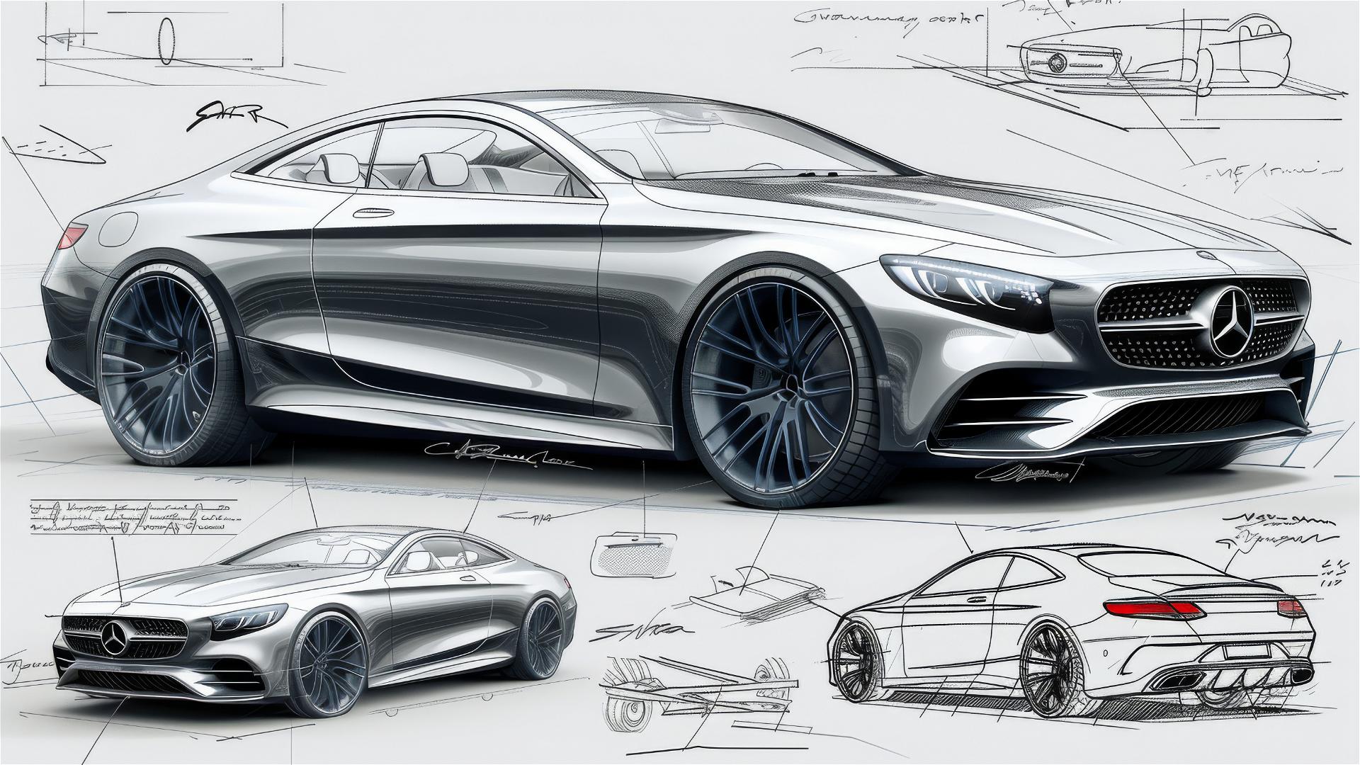 Black and white Mercedes S Coupe blueprint and sketch, 3/4 front view.