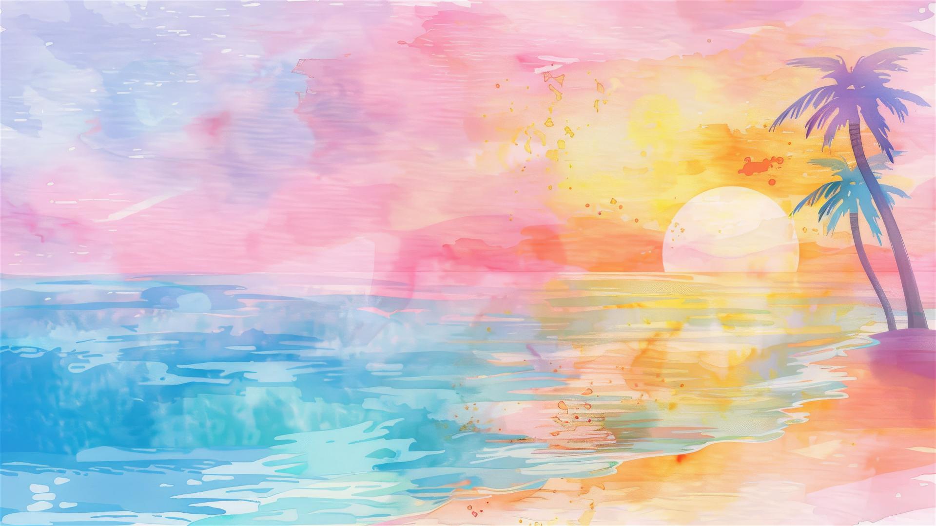 Watercolor tropical beach with rainbow colors, palm trees, sand, sunset, pink and blue sky