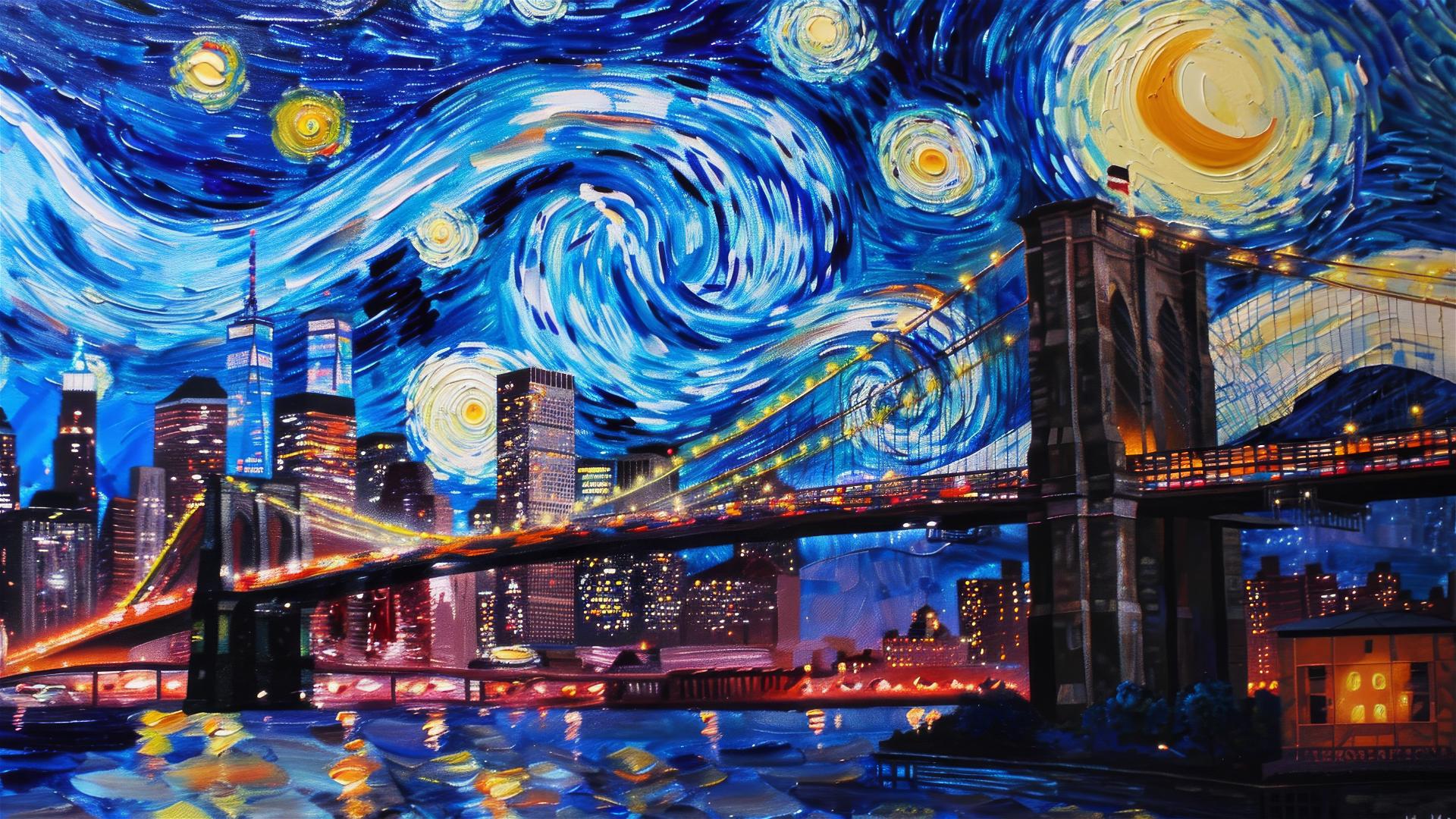 Brooklyn Bridge at twilight with Starry Night sky, no clouds