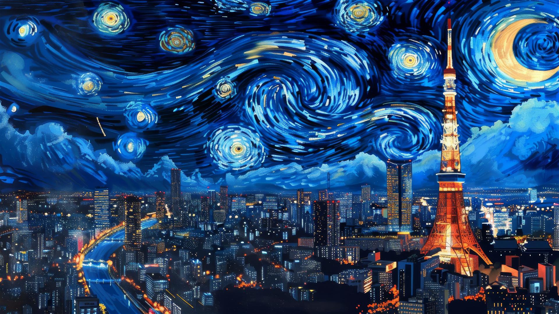 Tokyo Tower at night with vibrant city lights and van Gogh-inspired starry sky