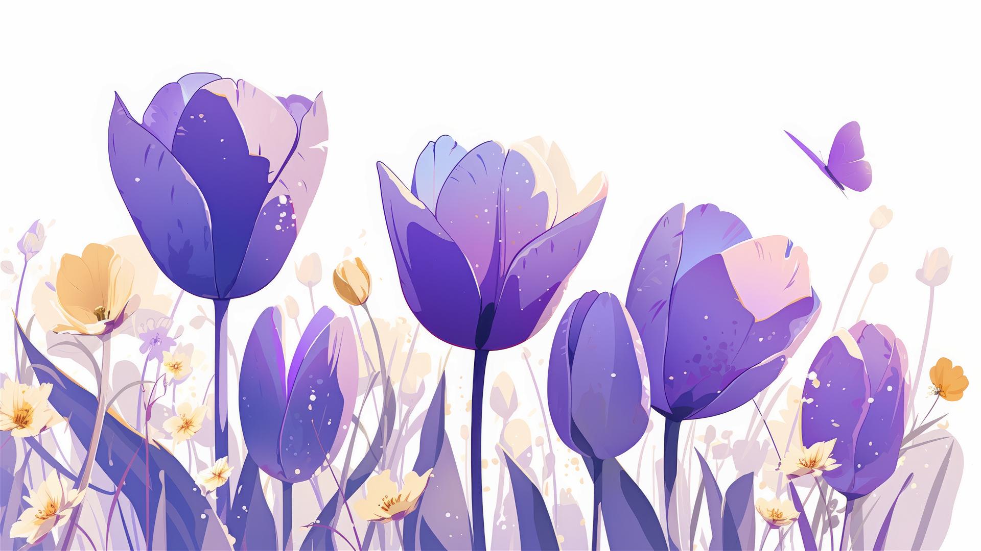 Three purple line-art tulips with a butterfly overhead on white