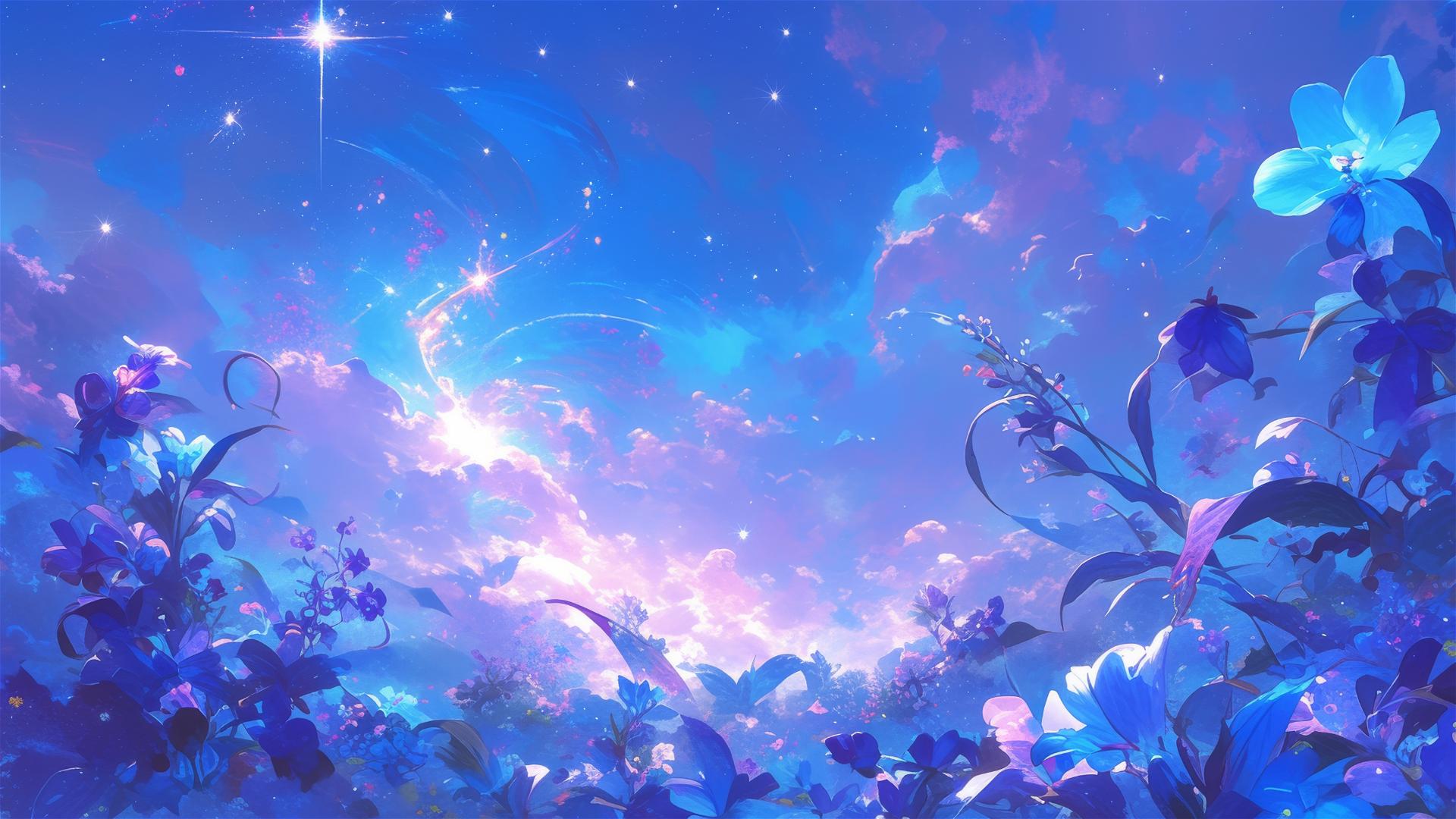 Glowing flowers as stars forming a galaxy in a night field