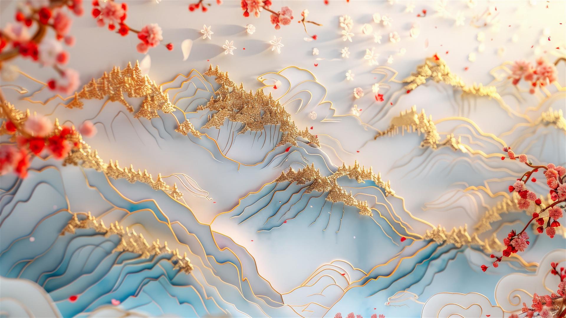 3D Asian painting of golden mountains, cherry blossoms, and delicate carving lines