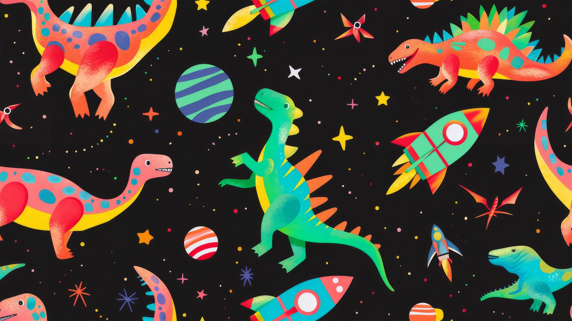 Colorful space dinosaurs and rocket ships on black background with shimmering stars.
