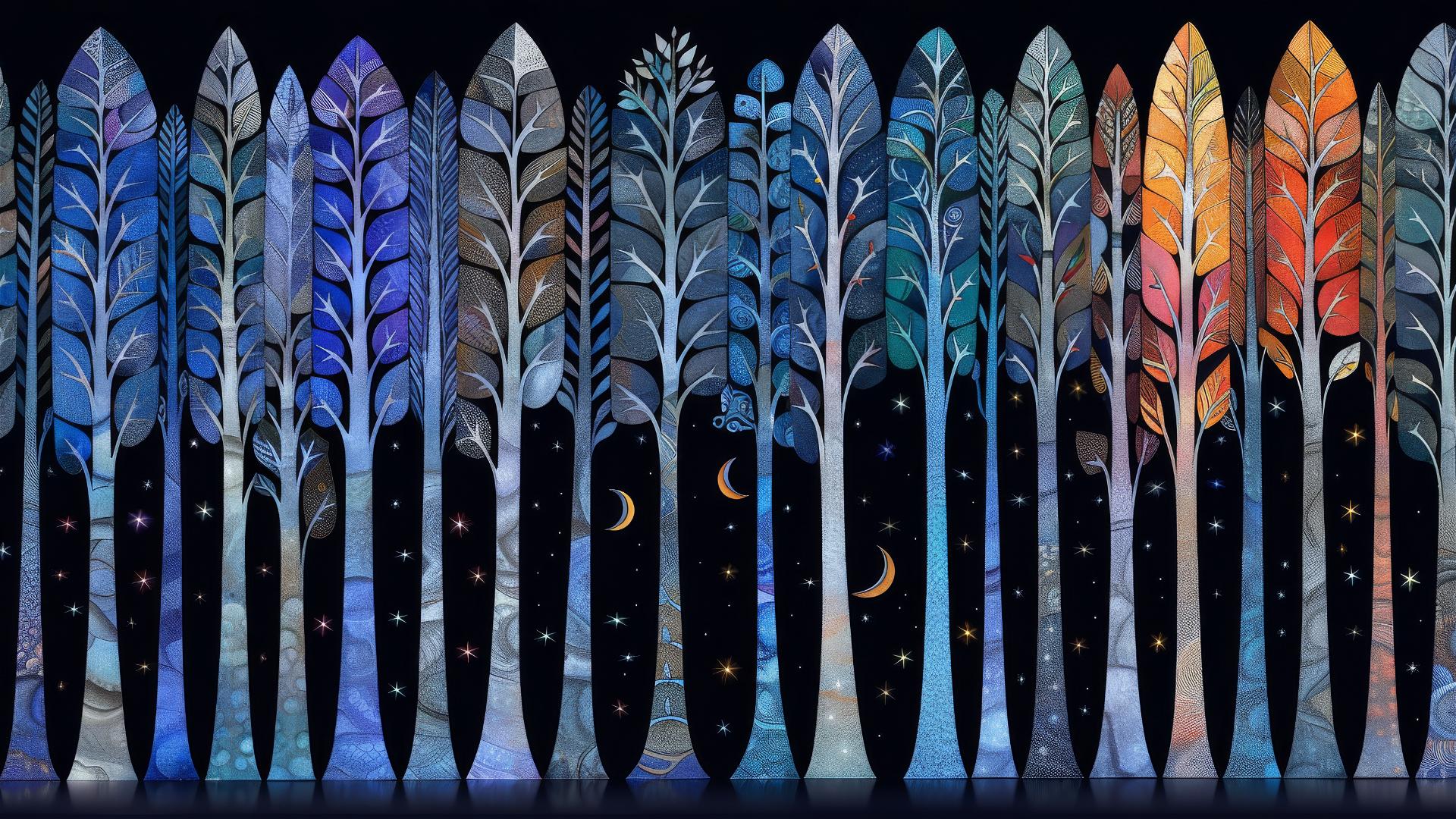 A Klimt-style forest with hidden creatures, autumn leaves, stars, and sunset