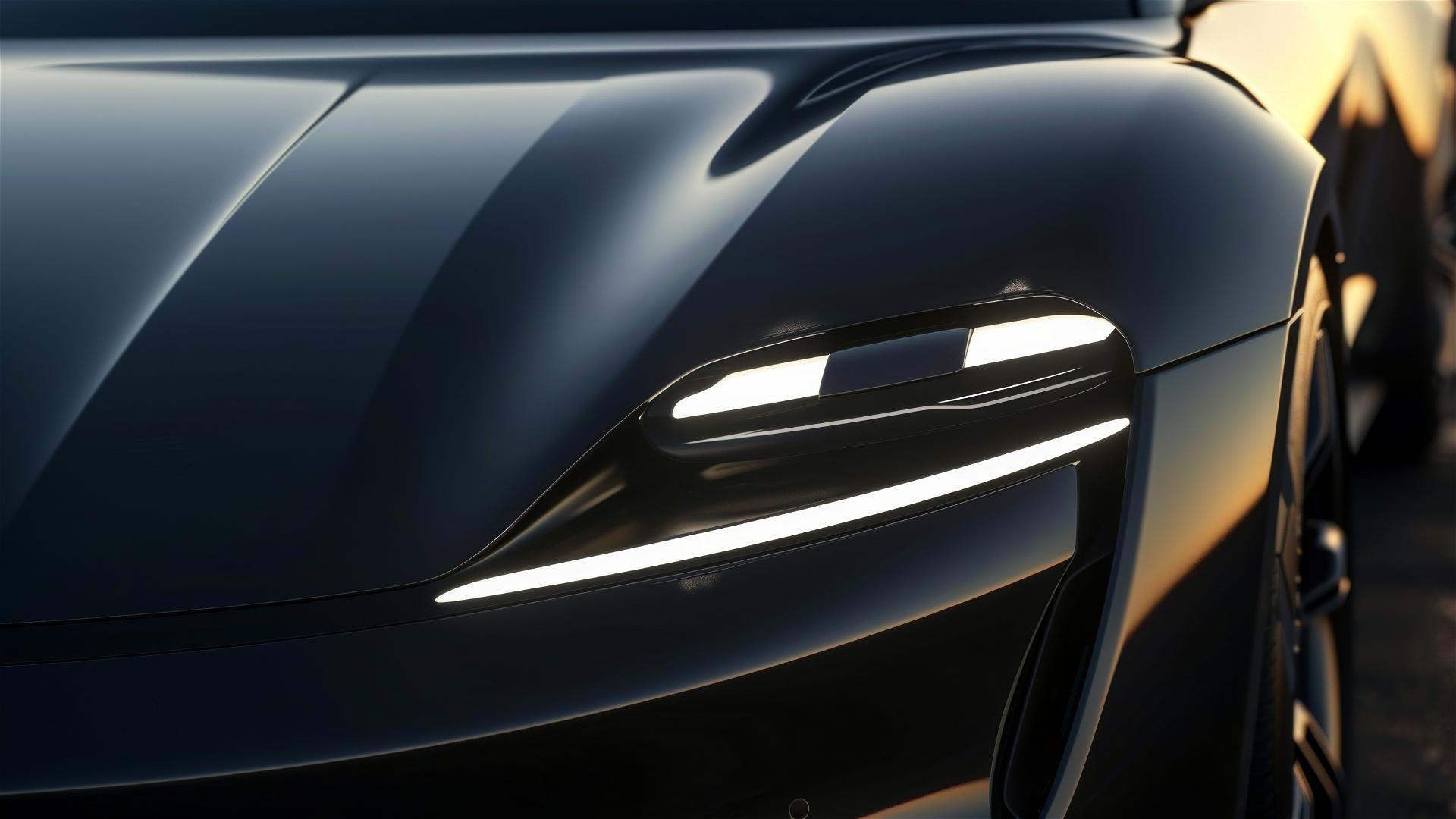 Close-up view of electric coupe concept car headlights with LED strip and black paint.