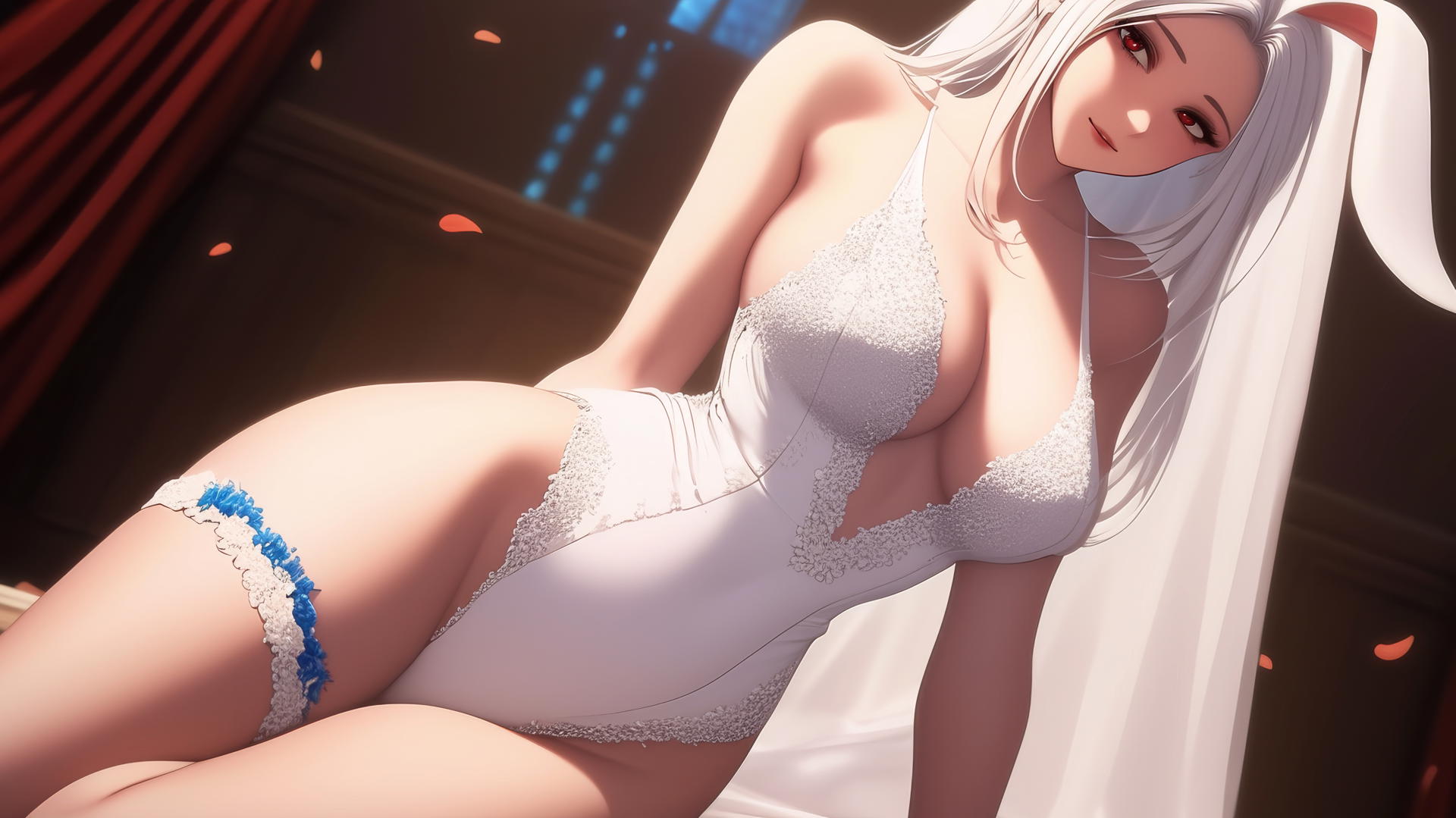 Mirko from My Hero Academia in a wedding dress, kneeling and looking down, with rabbit ears and white hair.