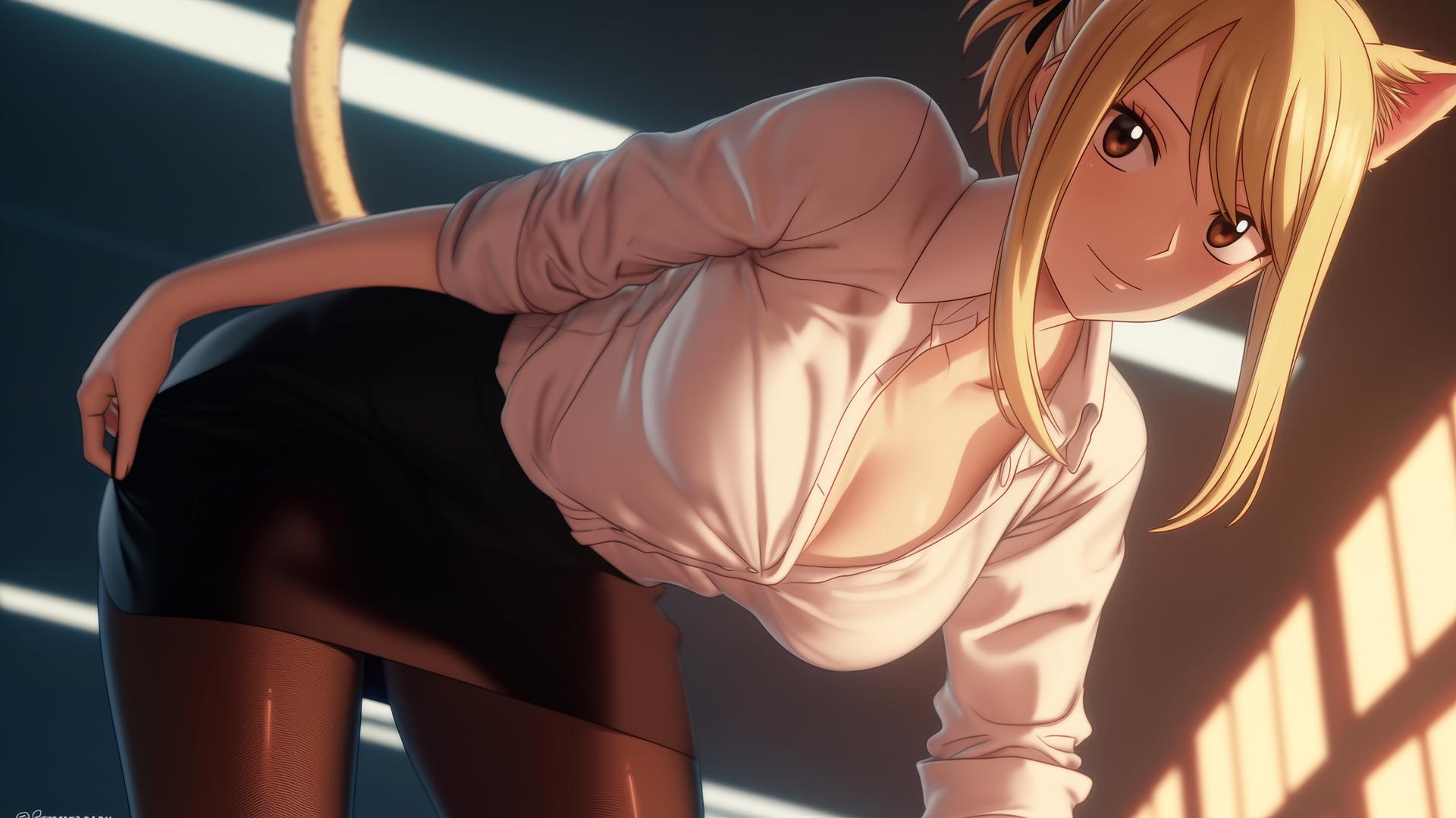 cat girl in office shirt kneeling and leaning, Lucy Heartfilia from Fairy Tail, blonde hair, brown eyes, warm light