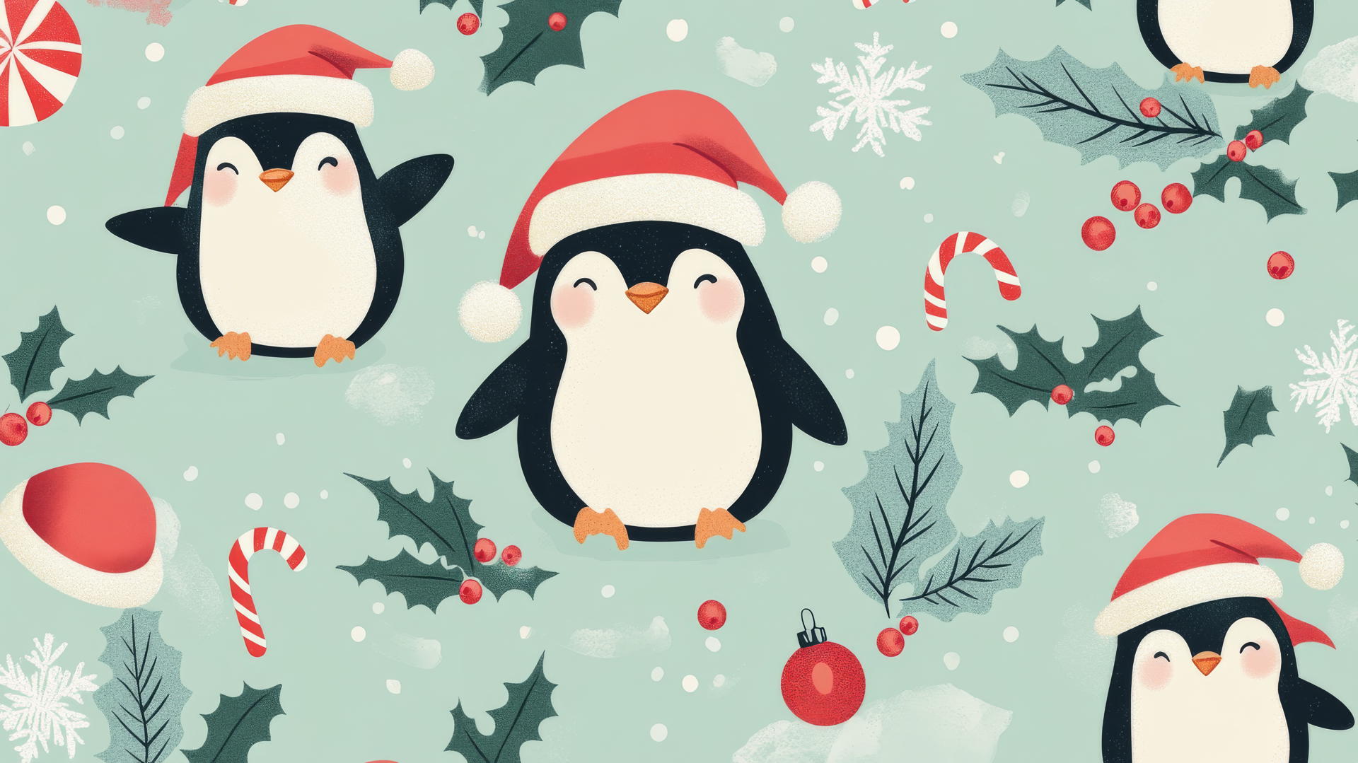 Cute Christmas wallpaper preppy with penguins in Santa hats, holly leaves, on pastel green