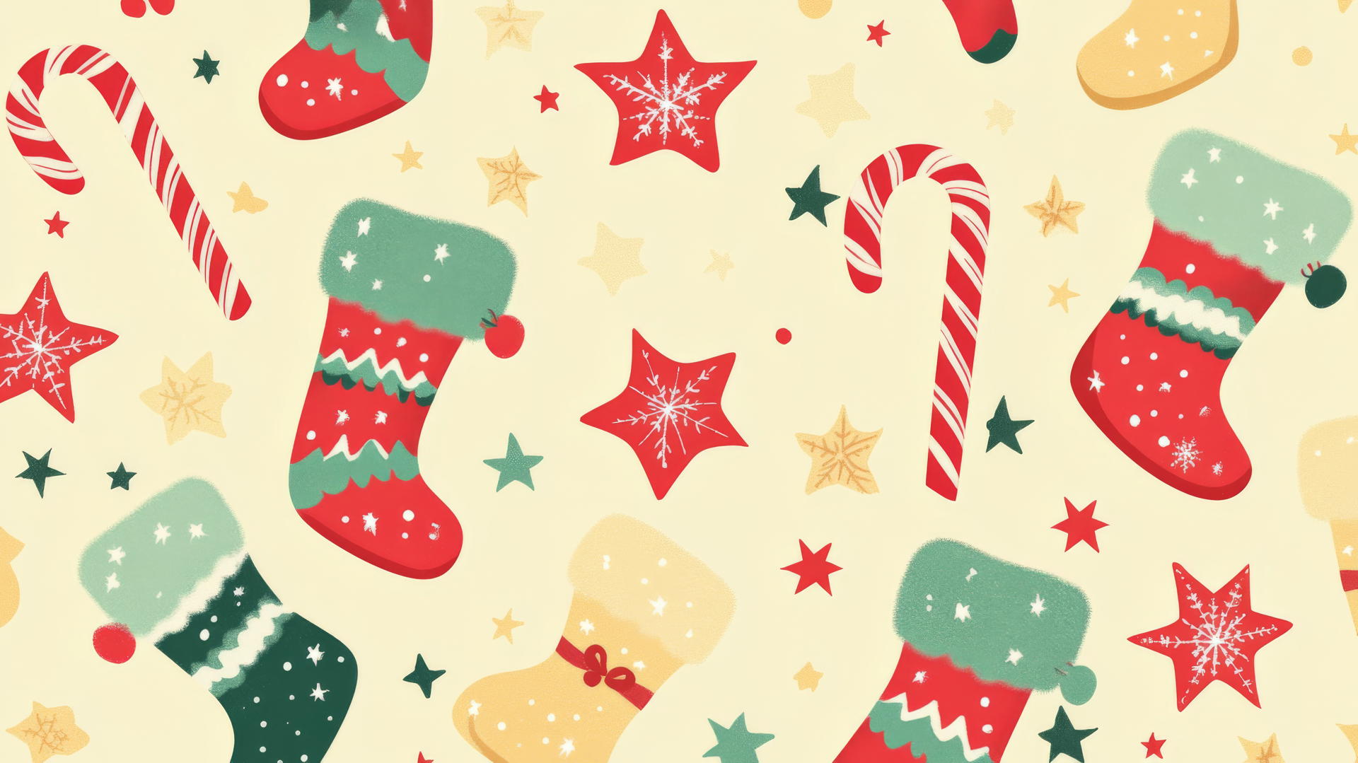 Cute Christmas wallpaper preppy with candy canes, stockings, and stars on pastel yellow