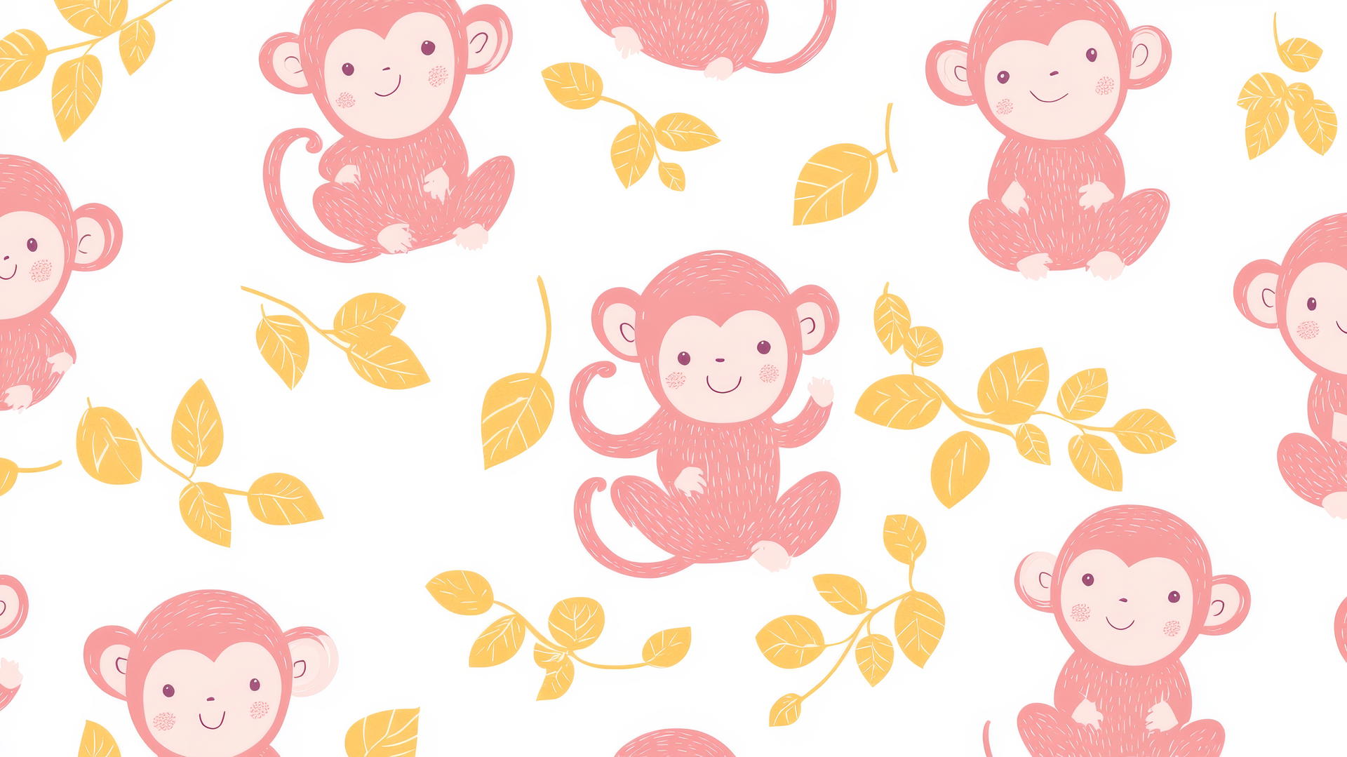 Seamless pattern of pink cartoon monkeys with playful expressions on a white background, whimsical preppy wallpaper