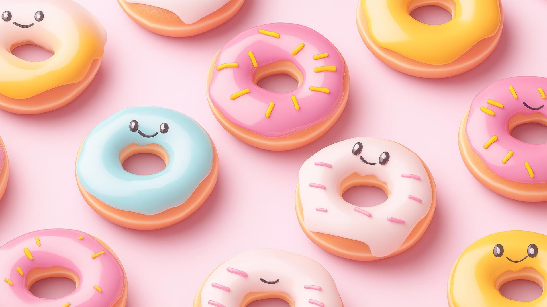 preppy wallpaper with smiley face donuts and colorful glazes on light pink background
