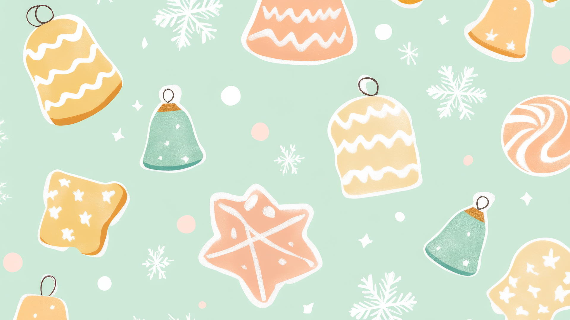 Preppy Christmas wallpaper with cookies and bells in pastel colors on light green background