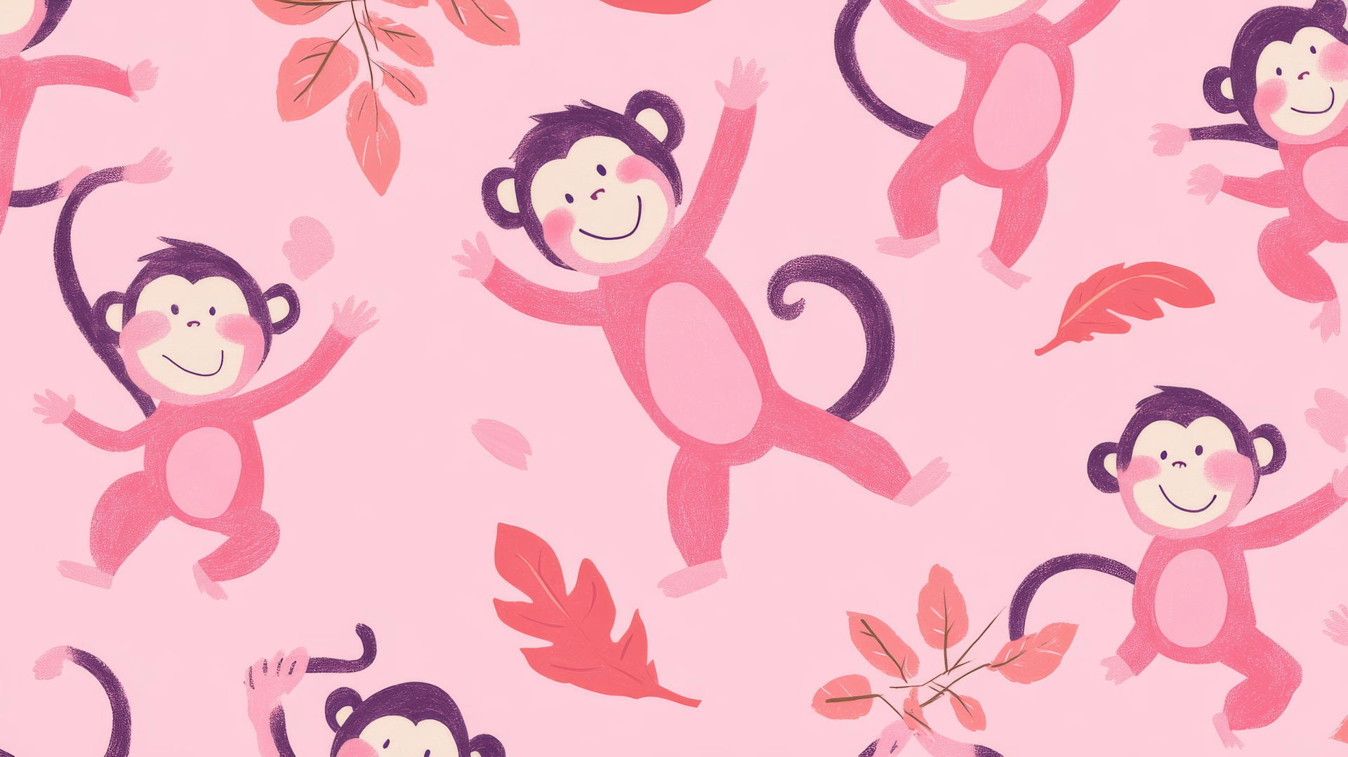 Pink preppy wallpaper with pink cartoon monkeys dancing, leaves, whimsical style