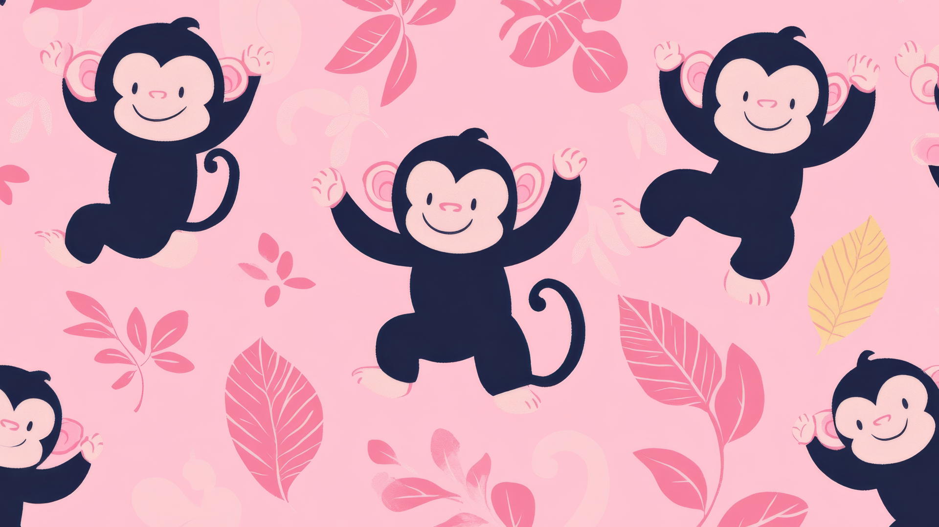 pink preppy wallpaper with cartoon monkeys dancing in playful poses on a pink background