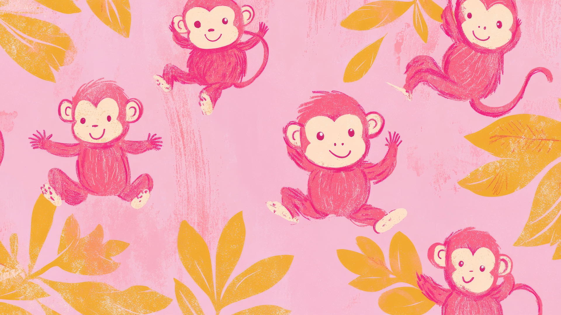 pink preppy wallpaper with playful pink cartoon monkeys, pastel hues, and yellow leaves