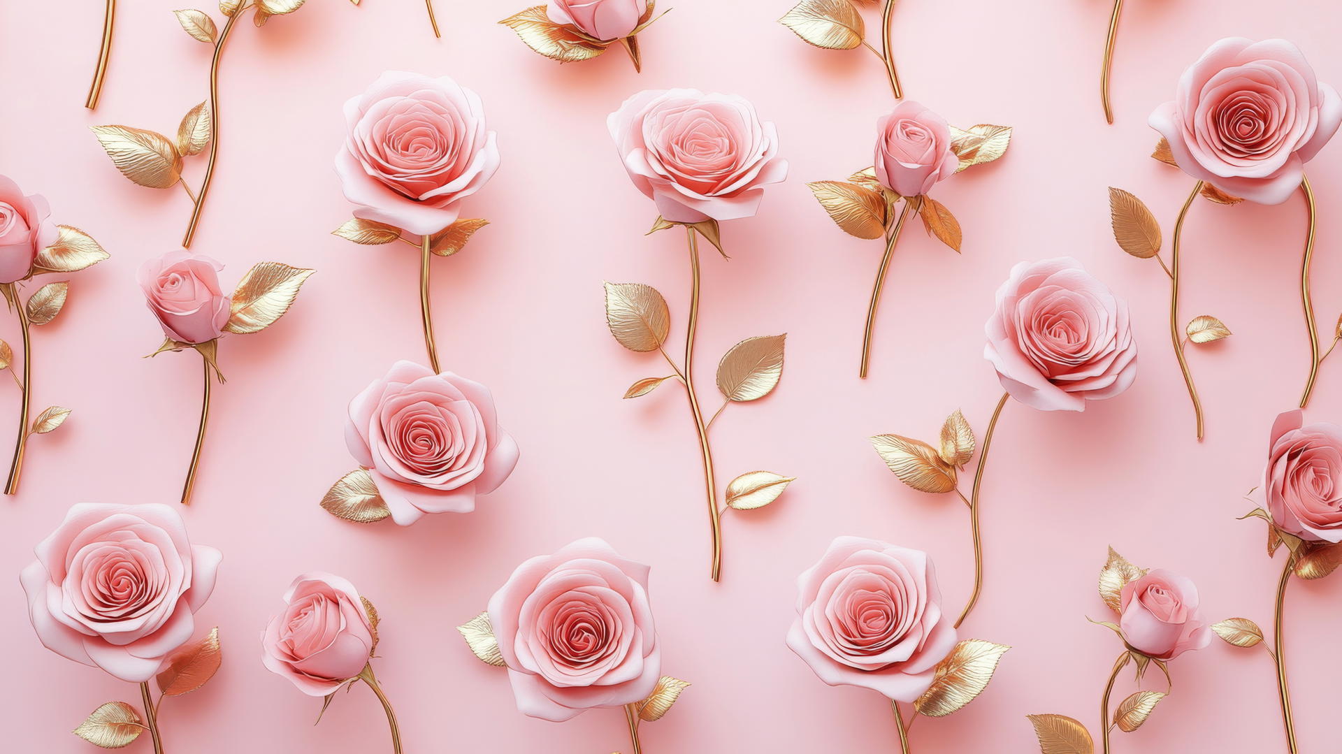 preppy wallpaper pink with elegant pattern of pink roses and gold leaves