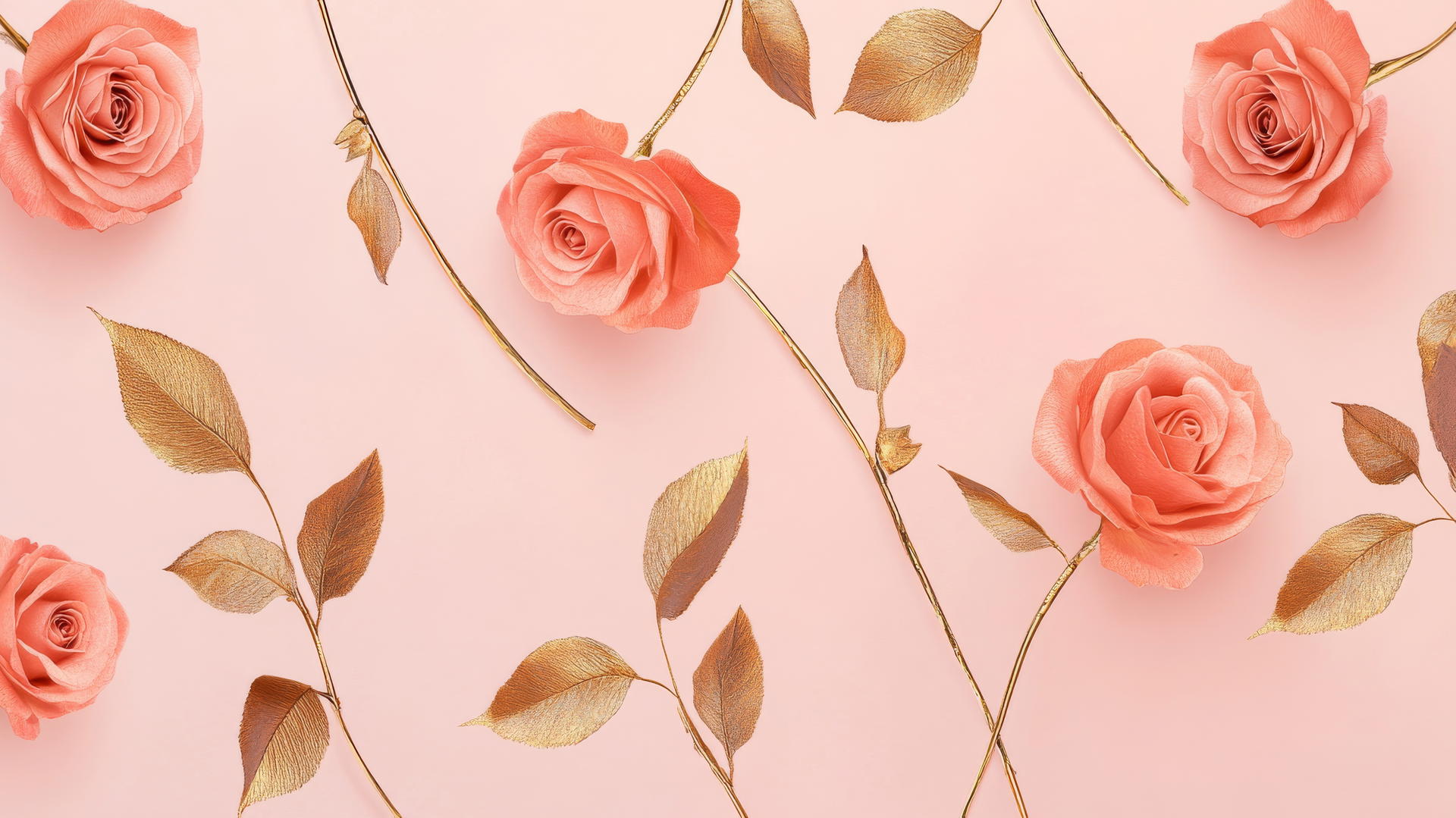 preppy wallpaper pink with pink roses and gold stems on blush pink background