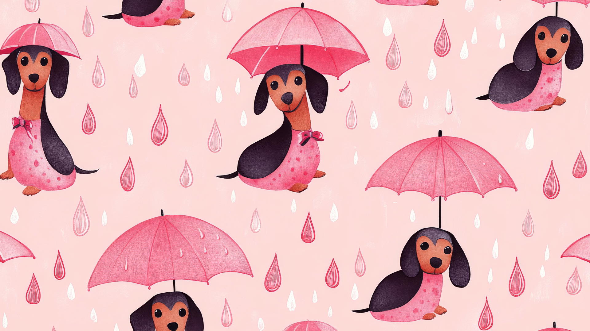 preppy wallpaper pink with pink dachshunds in raincoats and umbrellas on pastel pink background