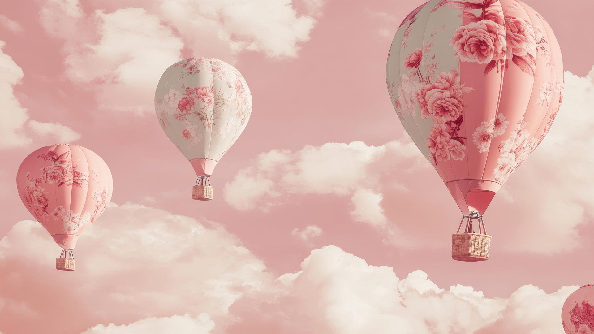 preppy wallpaper pink with dreamy pattern of floral hot air balloons in soft sky