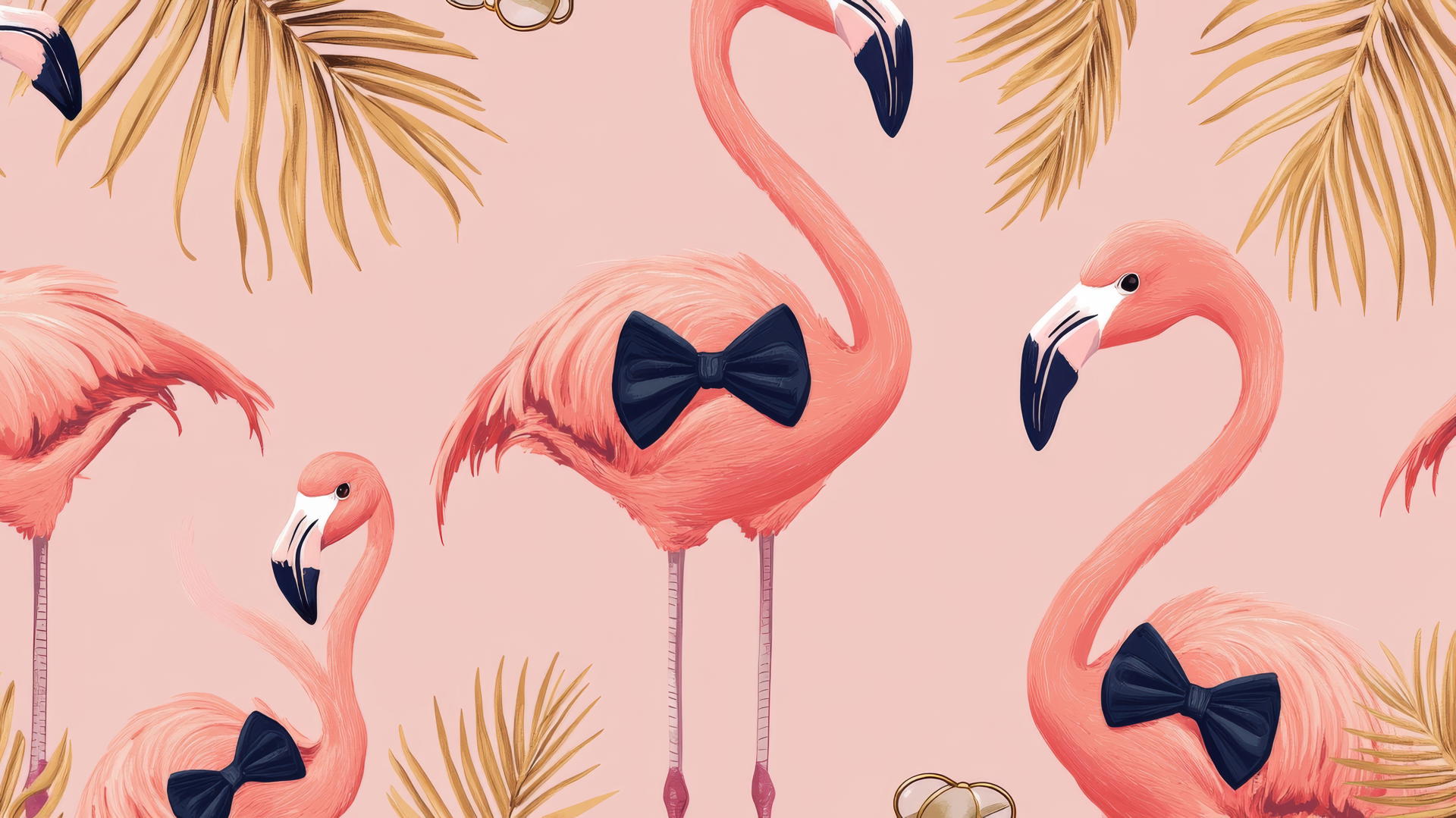 preppy wallpaper pink with flamingos, bow ties, monocles, and gold palm leaves