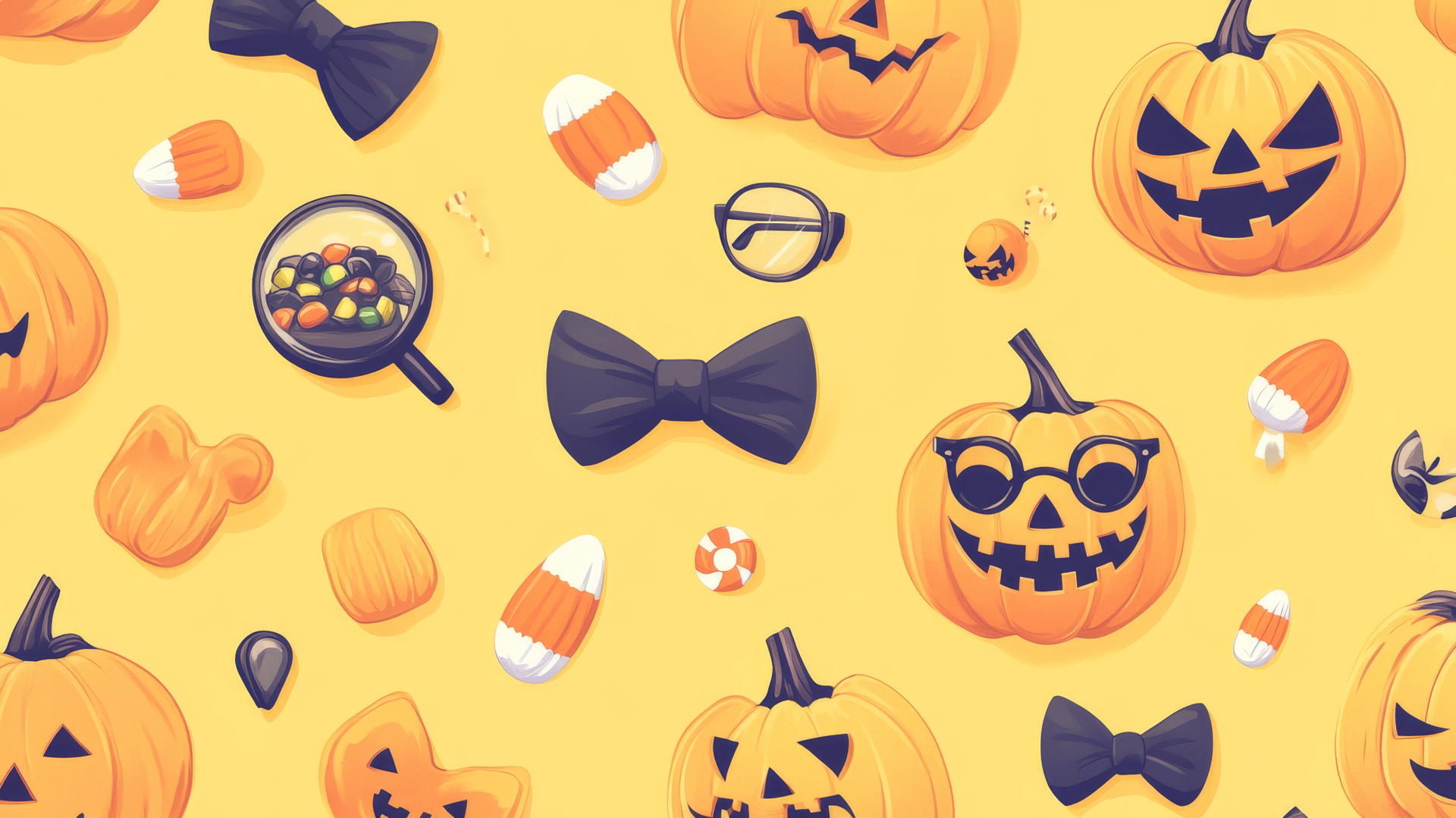 halloween preppy wallpaper with ghostly bow ties, candy corn cufflinks, and jack-o'-lanterns with glasses on pastel yellow background