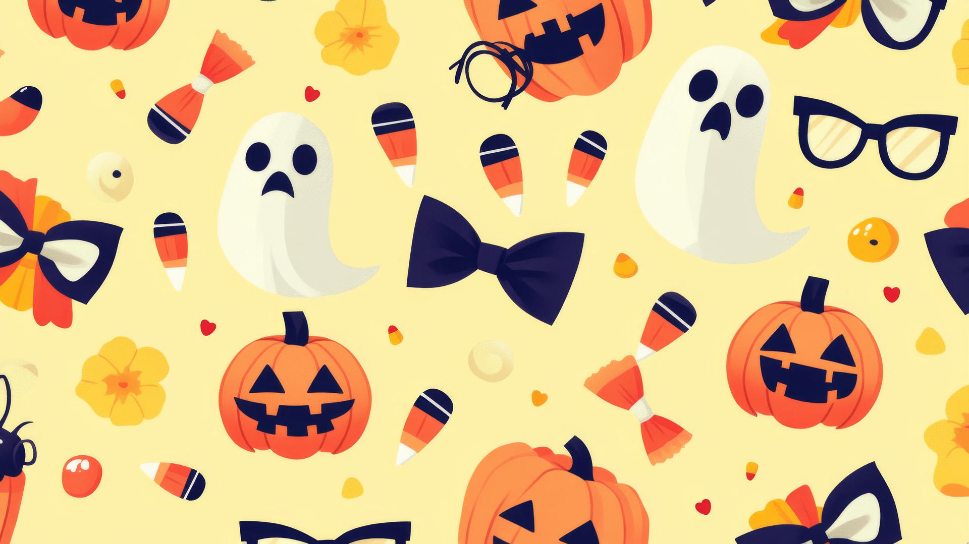 Halloween preppy wallpaper with ghostly bow ties, candy corn cufflinks, and jack-o'-lanterns with glasses on a pastel yellow background