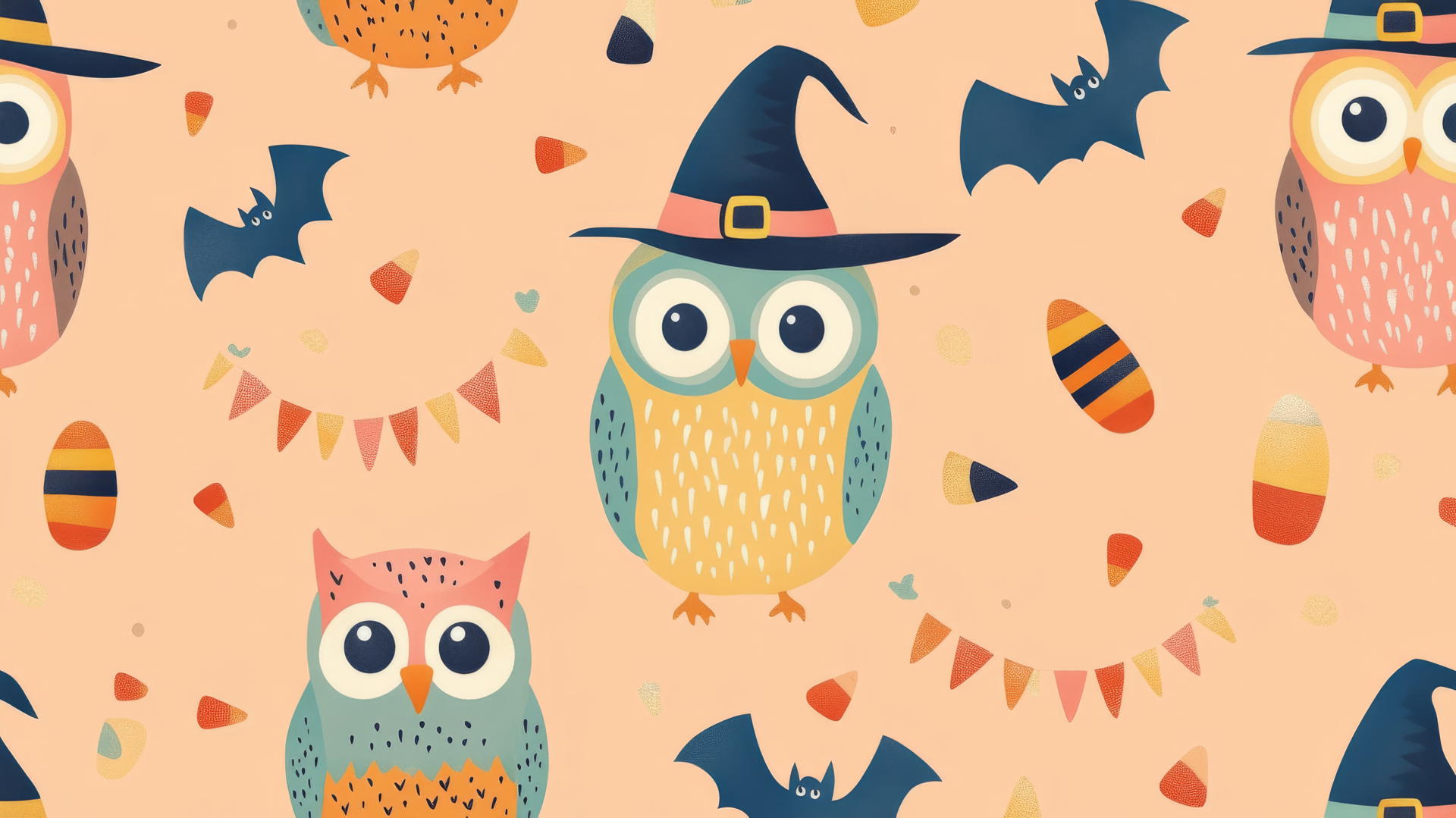 Halloween preppy wallpaper with pastel-colored owls in witch hats, cheerful bats, and candy corn garlands on a pastel peach background.