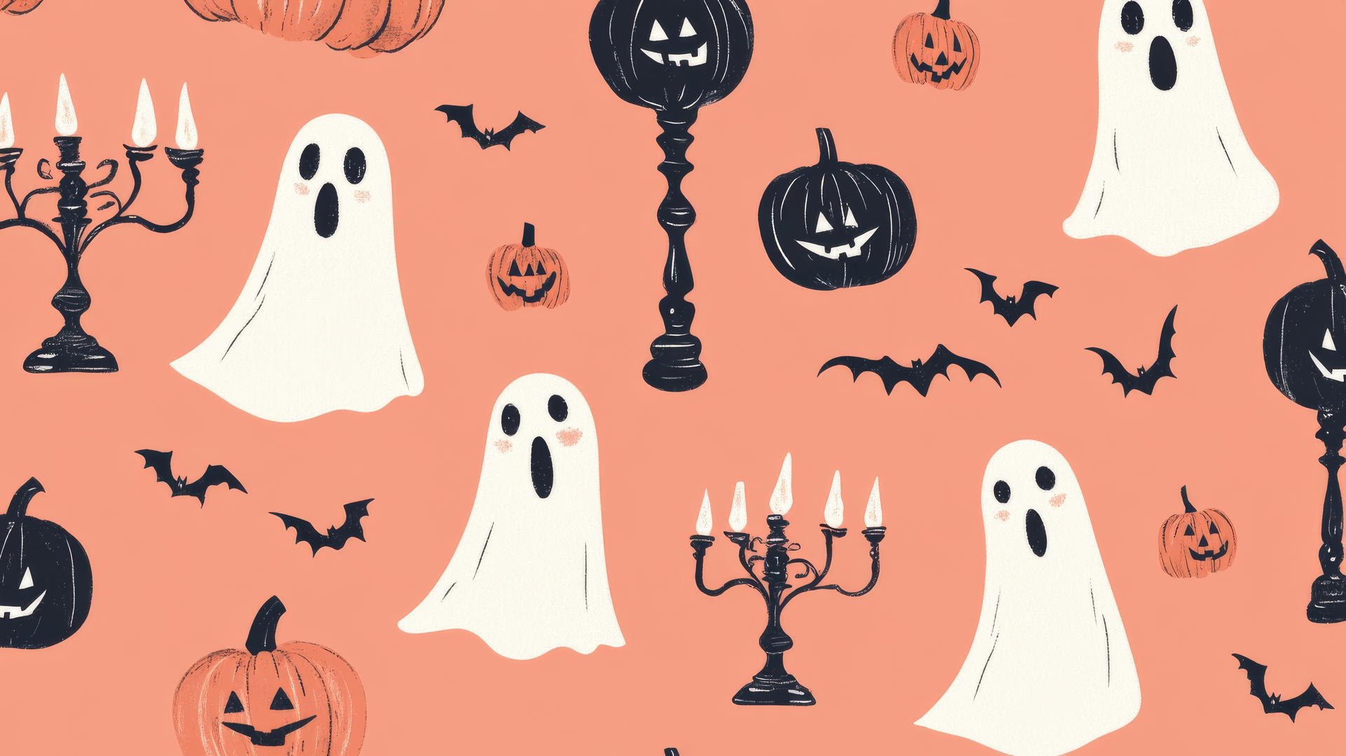 halloween preppy wallpaper with elegant ghosts in formal attire, haunted candelabras, and monogrammed pumpkins on pastel coral