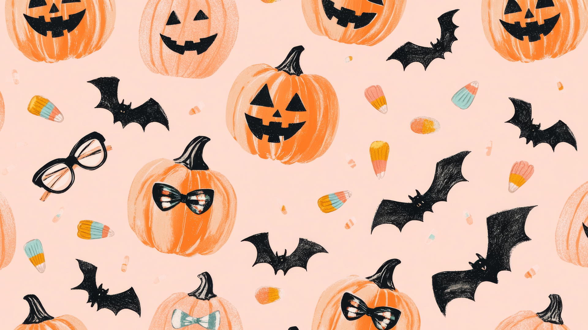 halloween preppy wallpaper with jack-o'-lanterns in bow ties, bats with glasses, and candy corn on pastel pink