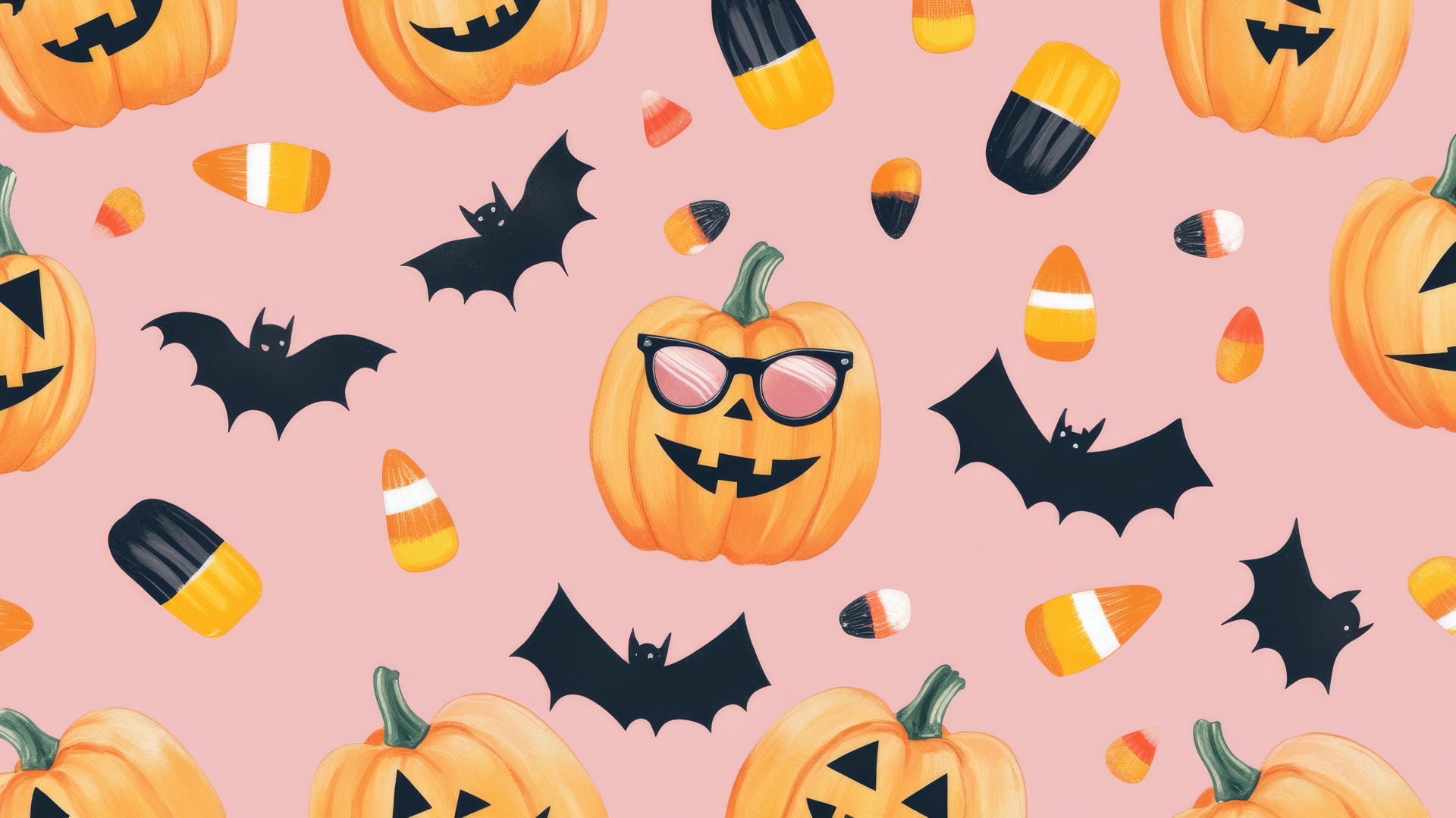 halloween preppy wallpaper with jack-o'-lanterns, bats with glasses, and candy corn on pastel pink